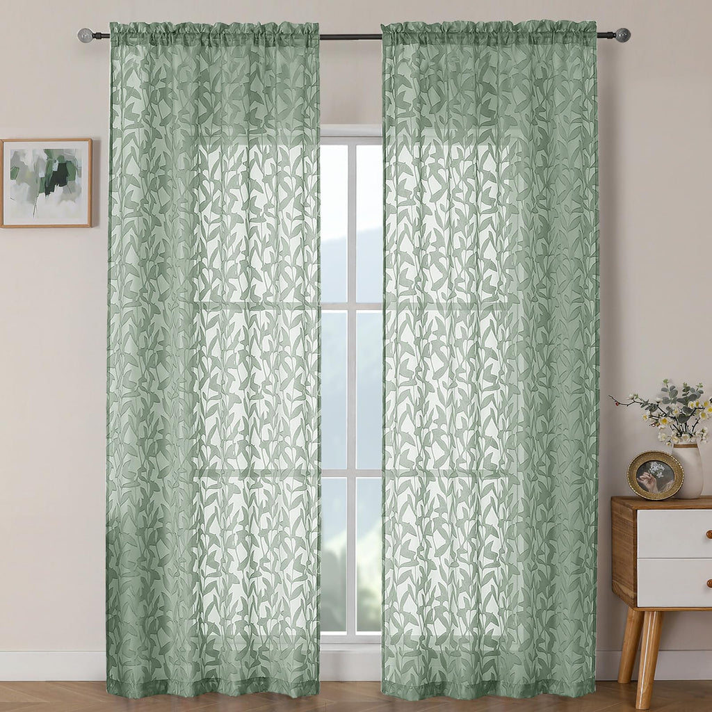 OWENIE Leyna 2 Panels Sage Green Sheer Curtains 63 Inch Length for Bedroom, Soft Lightweight Jacquard Clip Window Curtain for Living Room, Double Rod Pockets Textured Drapes, Each 40Wx63L Inches