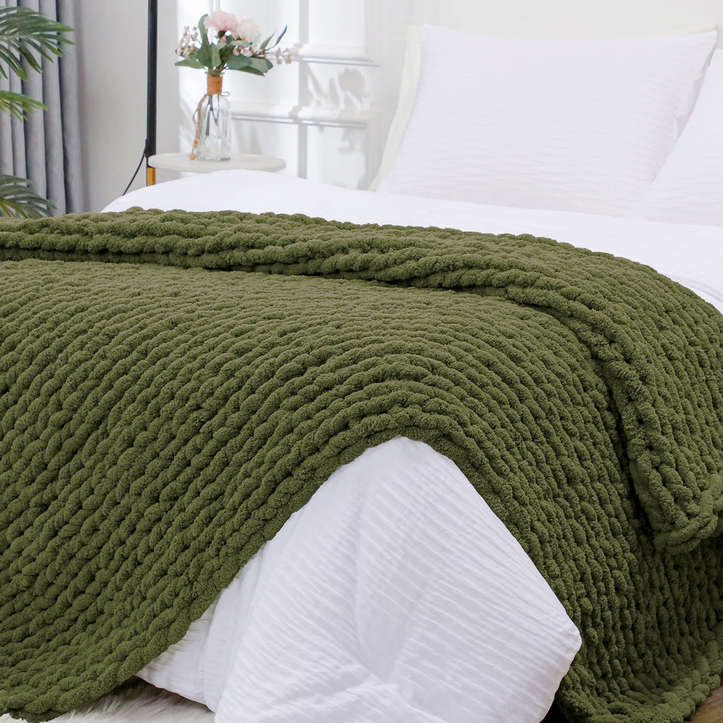 Bigacogo Chunky Knit Throw Blanket for Couch, 40x40 inches, 100% Hand Knitted with Thick Jumbo Chenille Yarn, Cozy Soft Large Rope Knot Cable Crochet Blankets for Sofa Bed Living Room, Dusty Blue