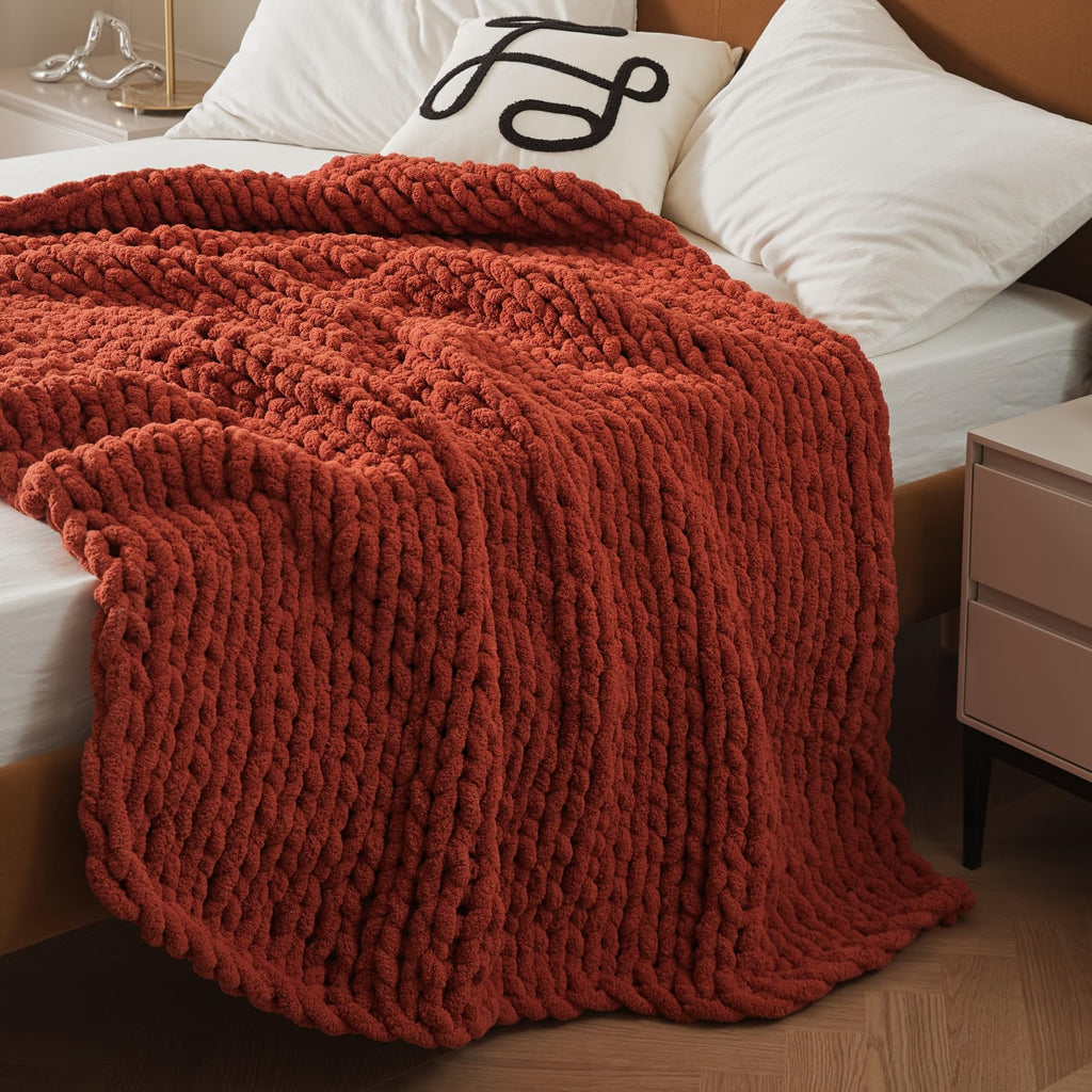 WESHIONGOO Chunky Knit Blanket Throw 40"*40" Knitted Throw Blankets for Couch Bed Fluffy Soft Blanket with Jumbo Chenille Yarn Thick 100% Handmade(Black)