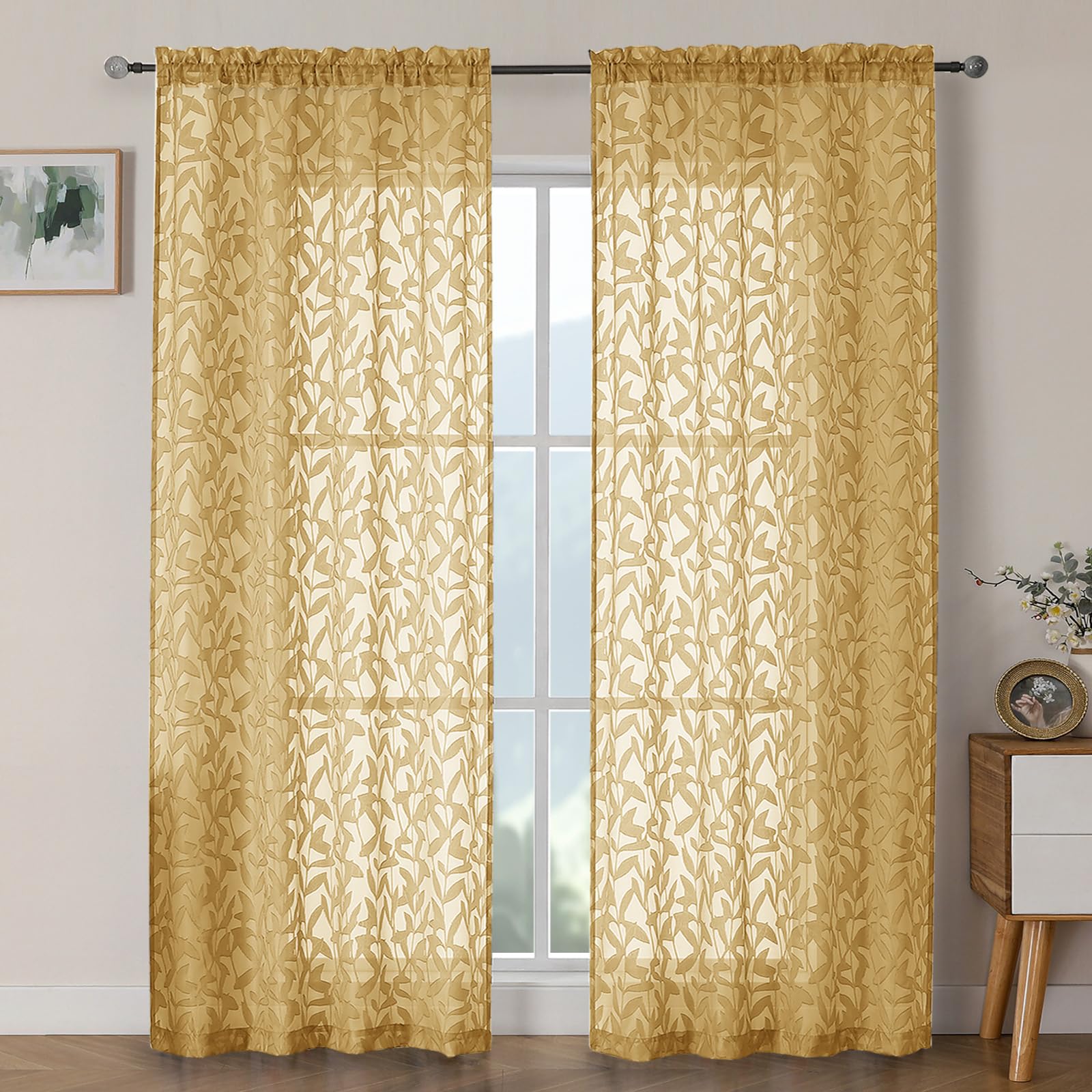 OWENIE Leyna 2 Panels Sage Green Sheer Curtains 63 Inch Length for Bedroom, Soft Lightweight Jacquard Clip Window Curtain for Living Room, Double Rod Pockets Textured Drapes, Each 40Wx63L Inches