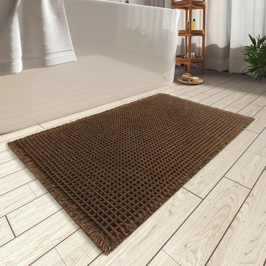 AMOAMI Upgraded Waffle Bath Mat, Super Absorbent Non Slip Bath Mats for Bathroom Floor, Machine Washable Bathroom Rugs with Tassels, Rubber Backed Bathroom Mats, Ultra Soft, 17" x 24", Brown