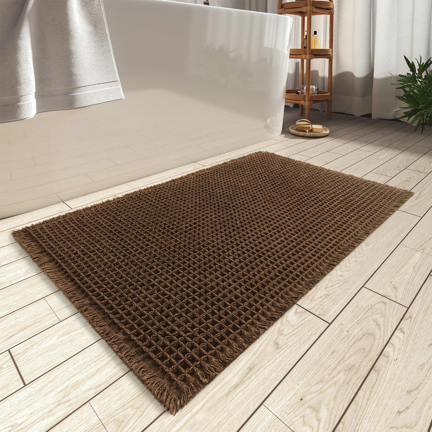 AMOAMI Upgraded Waffle Bath Mat, Super Absorbent Non Slip Bath Mats for Bathroom Floor, Machine Washable Bathroom Rugs with Tassels, Rubber Backed Bathroom Mats, Ultra Soft, 17" x 24", Brown