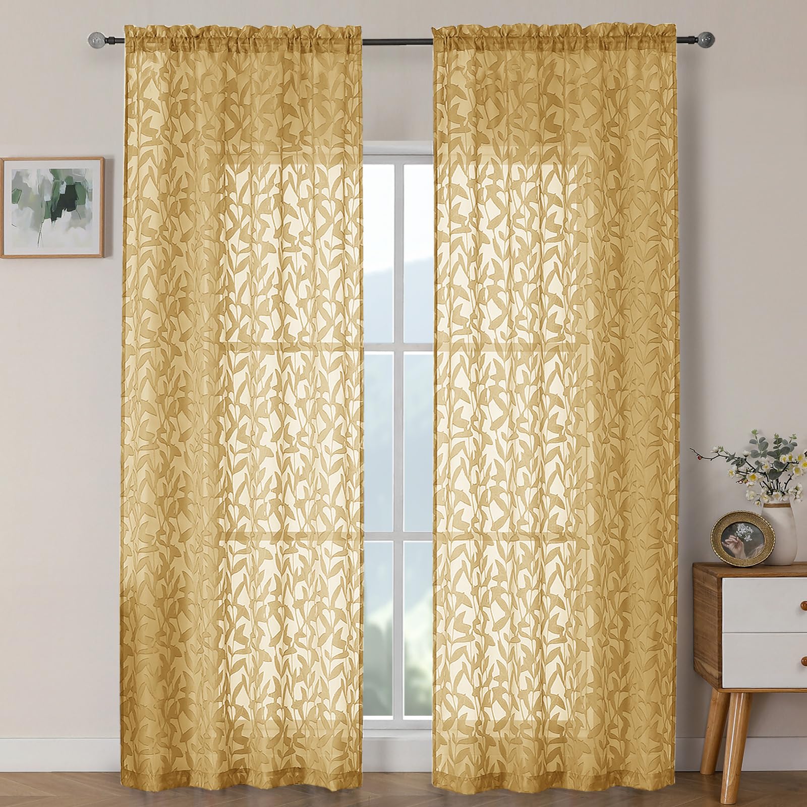 OWENIE Leyna 2 Panels Sage Green Sheer Curtains 63 Inch Length for Bedroom, Soft Lightweight Jacquard Clip Window Curtain for Living Room, Double Rod Pockets Textured Drapes, Each 40Wx63L Inches