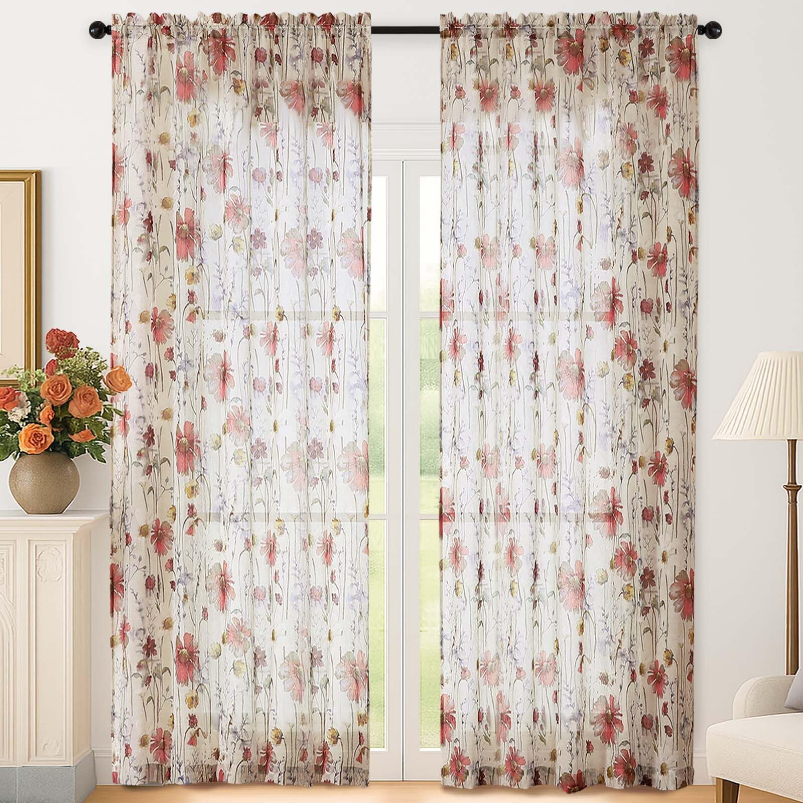 Lecloud Crushed Sheer Curtains 84 Inches Long 2 Panels, Airy Light Filtering Voile Floral Curtains for Living Room, Rod Pocket Romantic Window Curtain Drapes for Bedroom Dining Room, 42" W x 84" L