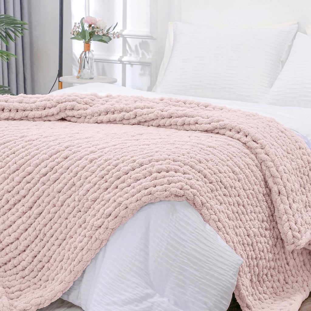 Bigacogo Chunky Knit Throw Blanket for Couch, 40x40 inches, 100% Hand Knitted with Thick Jumbo Chenille Yarn, Cozy Soft Large Rope Knot Cable Crochet Blankets for Sofa Bed Living Room, Dusty Blue