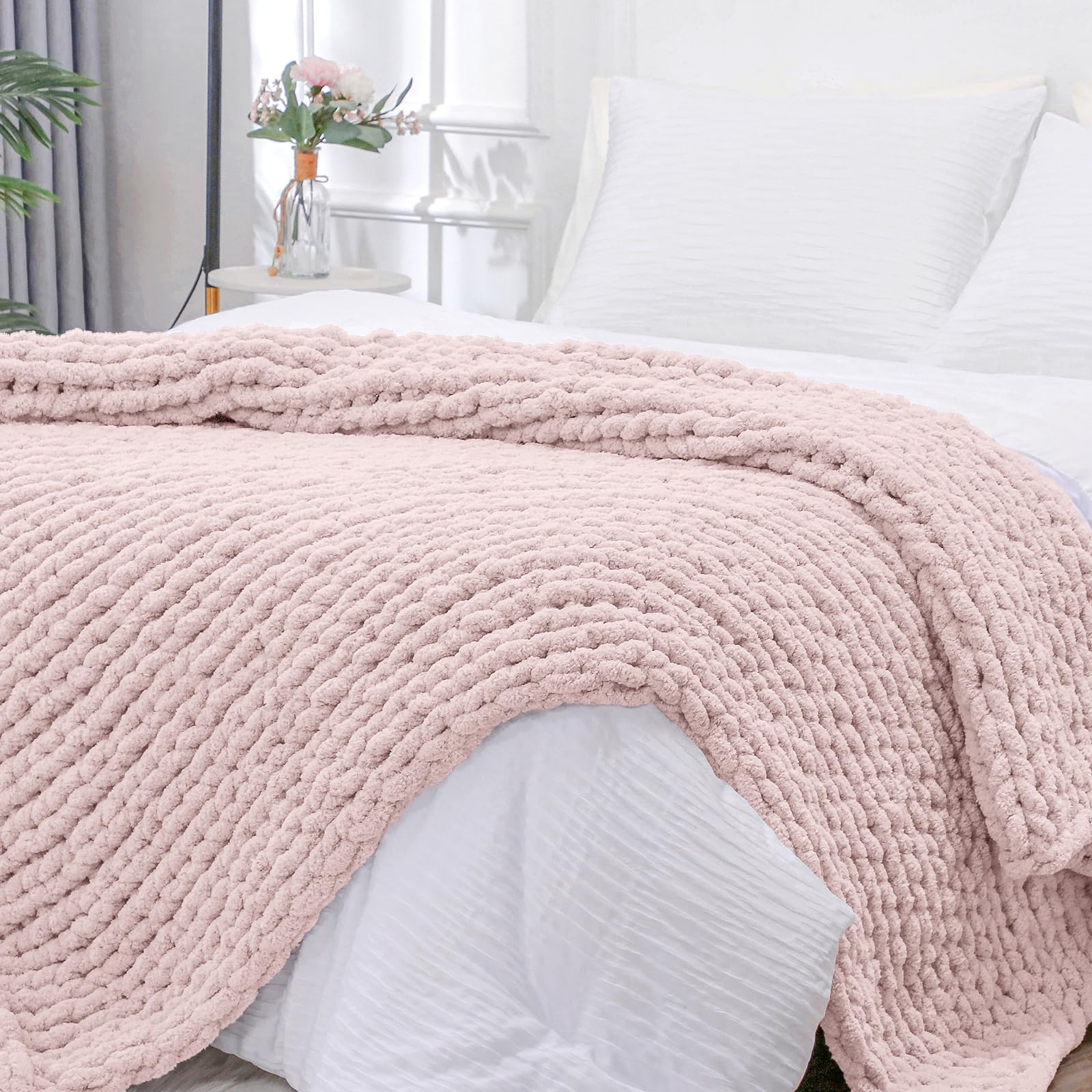 Bigacogo Chunky Knit Throw Blanket for Couch, 40x40 inches, 100% Hand Knitted with Thick Jumbo Chenille Yarn, Cozy Soft Large Rope Knot Cable Crochet Blankets for Sofa Bed Living Room, Dusty Blue