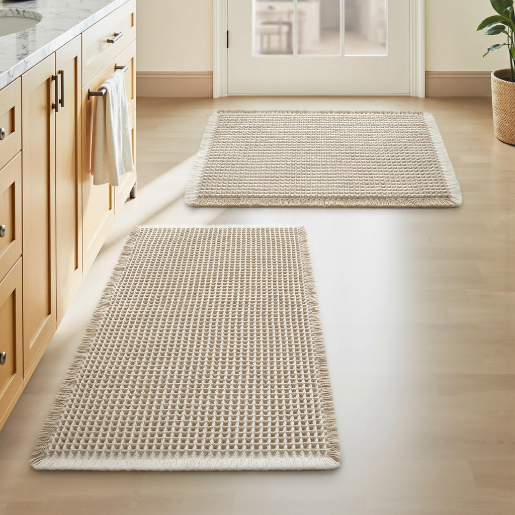 AMOAMI Upgraded Waffle Bath Mat, Super Absorbent Non Slip Bath Mats for Bathroom Floor, Machine Washable Bathroom Rugs with Tassels, Rubber Backed Bathroom Mats, Ultra Soft, 17" x 24", Brown