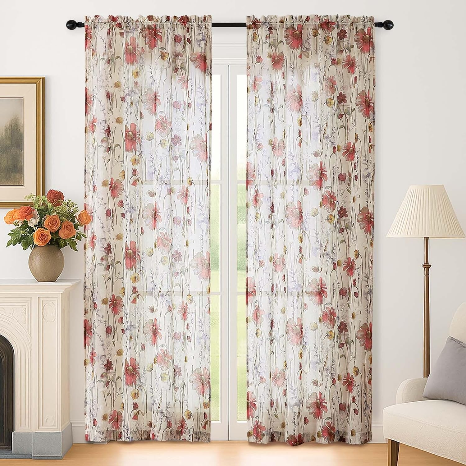 Lecloud Crushed Sheer Curtains 84 Inches Long 2 Panels, Airy Light Filtering Voile Floral Curtains for Living Room, Rod Pocket Romantic Window Curtain Drapes for Bedroom Dining Room, 42" W x 84" L