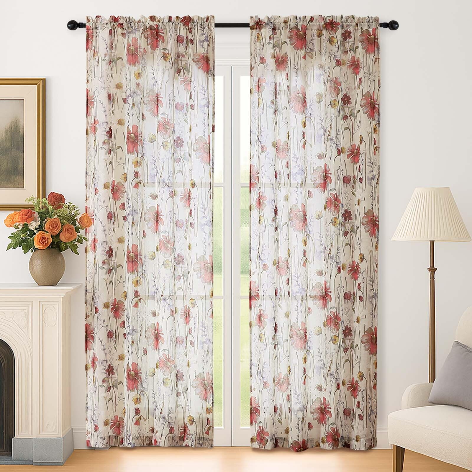 Lecloud Crushed Sheer Curtains 84 Inches Long 2 Panels, Airy Light Filtering Voile Floral Curtains for Living Room, Rod Pocket Romantic Window Curtain Drapes for Bedroom Dining Room, 42" W x 84" L