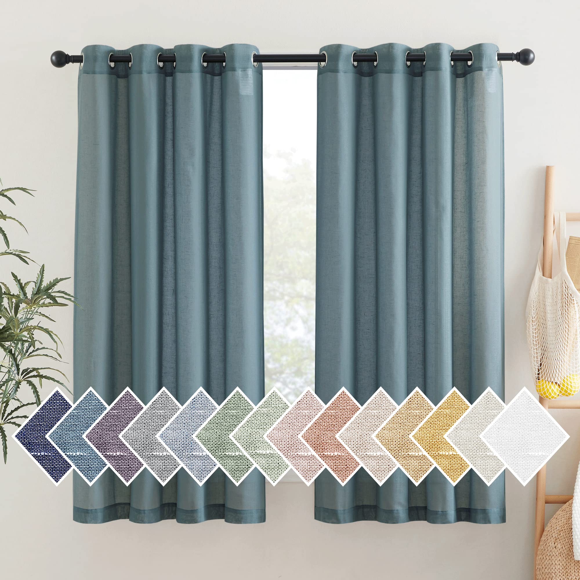 NICETOWN Linen Textured Semi Sheer Curtains 84 inches Length, Eyelet Top Bedroom Window Privacy Translucent Light Filtering Flax Sheer Drapes for Guest Room, 52 inches Wide, 2 Panels, Sea Mist