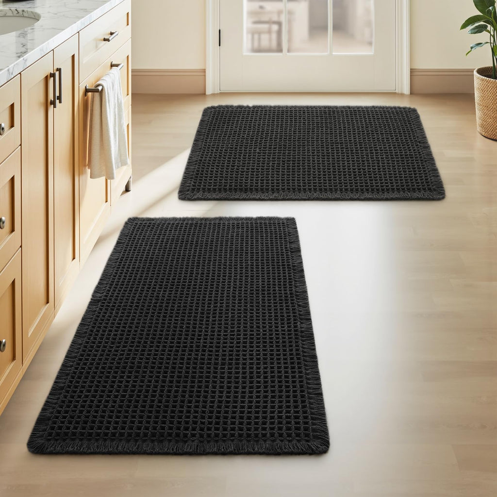 AMOAMI Upgraded Waffle Bath Mat, Super Absorbent Non Slip Bath Mats for Bathroom Floor, Machine Washable Bathroom Rugs with Tassels, Rubber Backed Bathroom Mats, Ultra Soft, 17" x 24", Brown