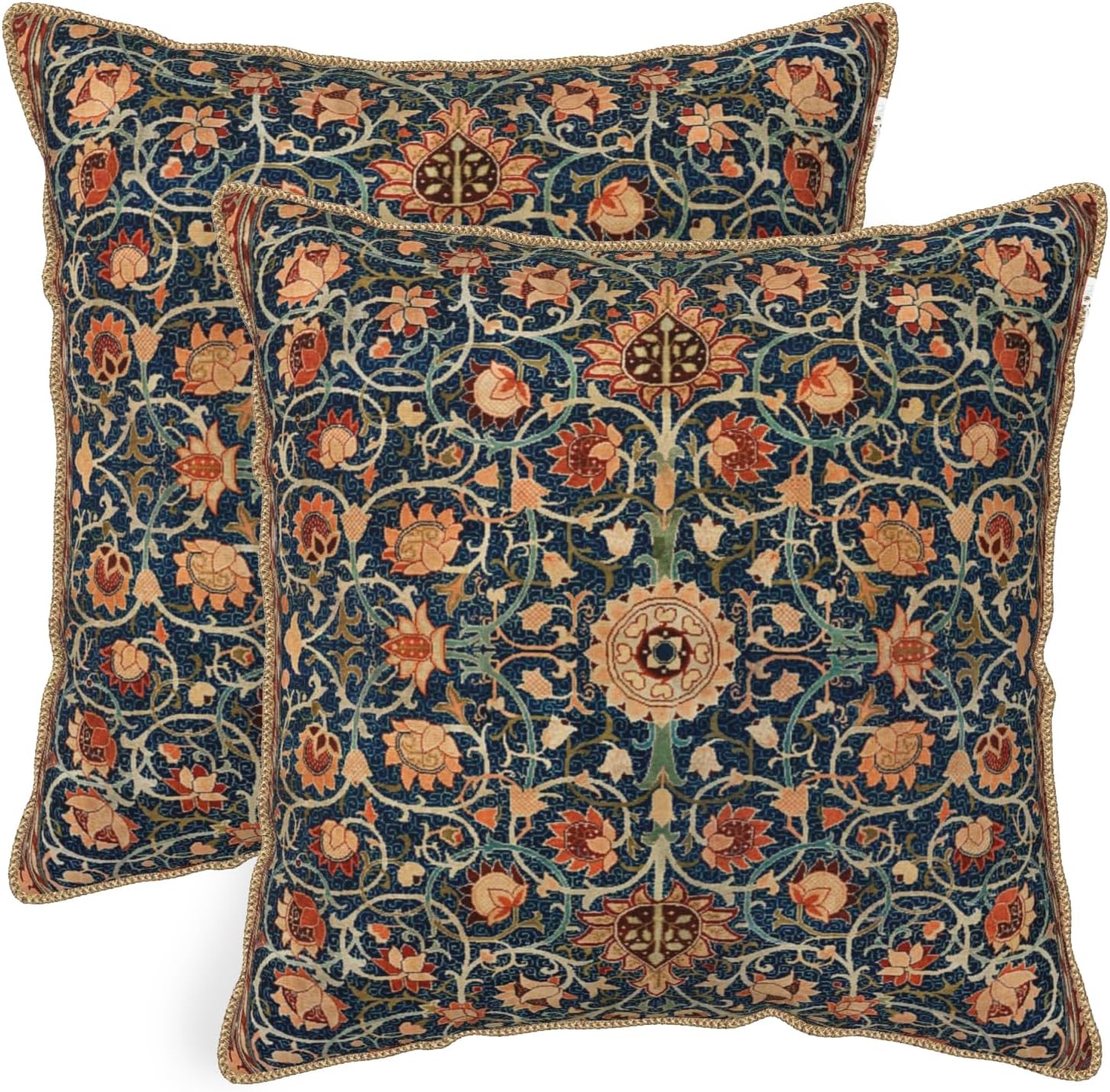 Vintage Floral Soft Velvet Throw Pillow Covers Set of 2 Burnt Orange Navy Flowers Plant Decorative Pillow Covers 18x18 Inch Art Botanical Pillow Case For Sofa Couch Outdoor Farmhouse Home Decor