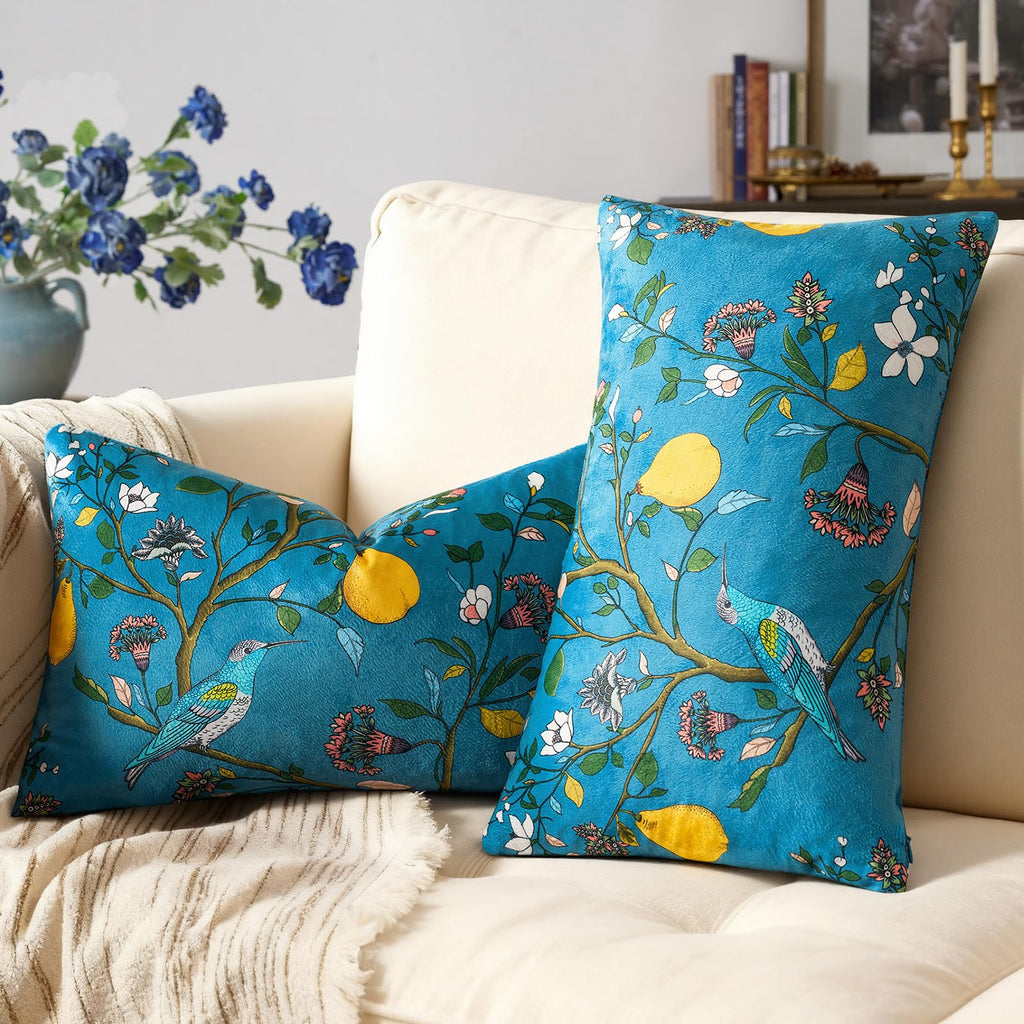 Mustard Yellow Floral Pillow Covers 18x18 Set of 2, Velvet Wild Flower Plant Throw Pillows Case, Square Farmhouse Decor Cushion Covers for Home Sofa Bed Couch