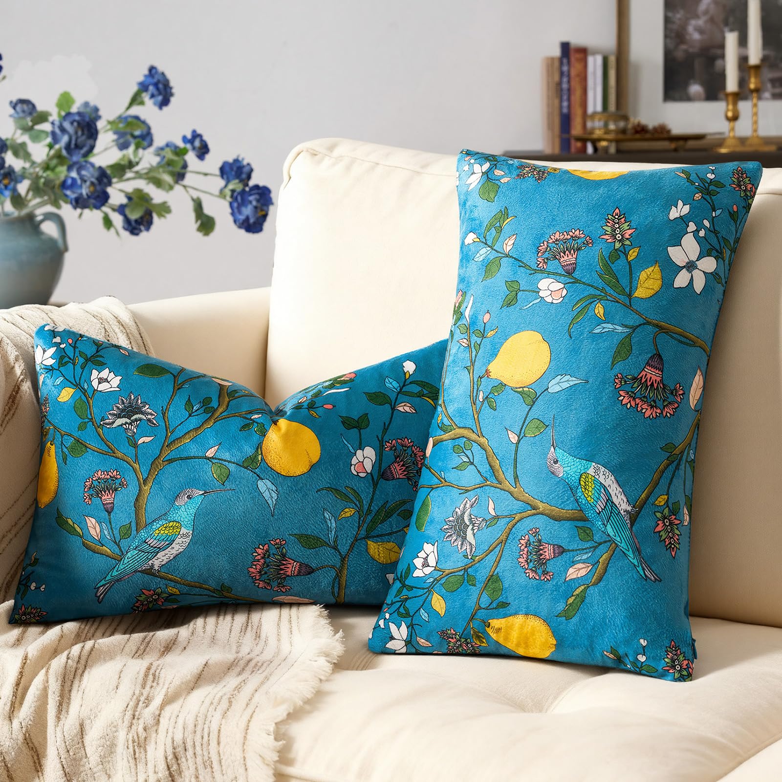 Mustard Yellow Floral Pillow Covers 18x18 Set of 2, Velvet Wild Flower Plant Throw Pillows Case, Square Farmhouse Decor Cushion Covers for Home Sofa Bed Couch