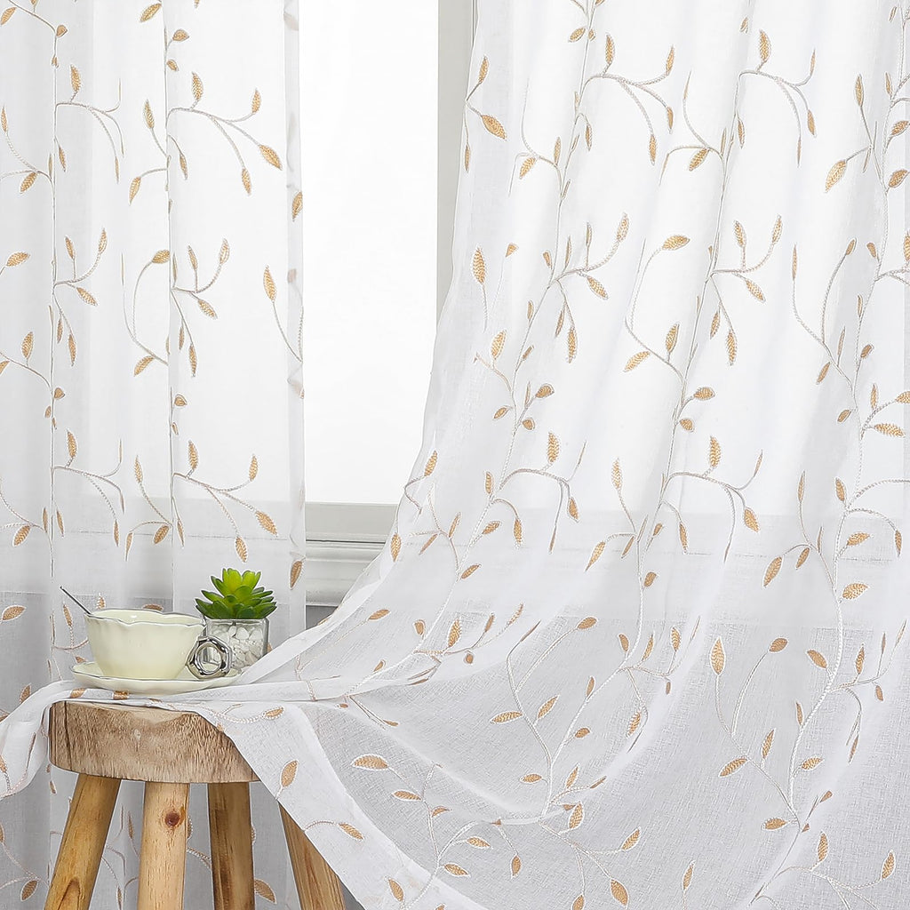 VISIONTEX 2 Panels Sheer Curtains 84 Inches Long, Cream Beige Floral Leaf Embroidered Semi Sheer Voile Curtains, Rod Pocket Light Filtering Window Drapes for Bedroom Living Room 54W x 84L