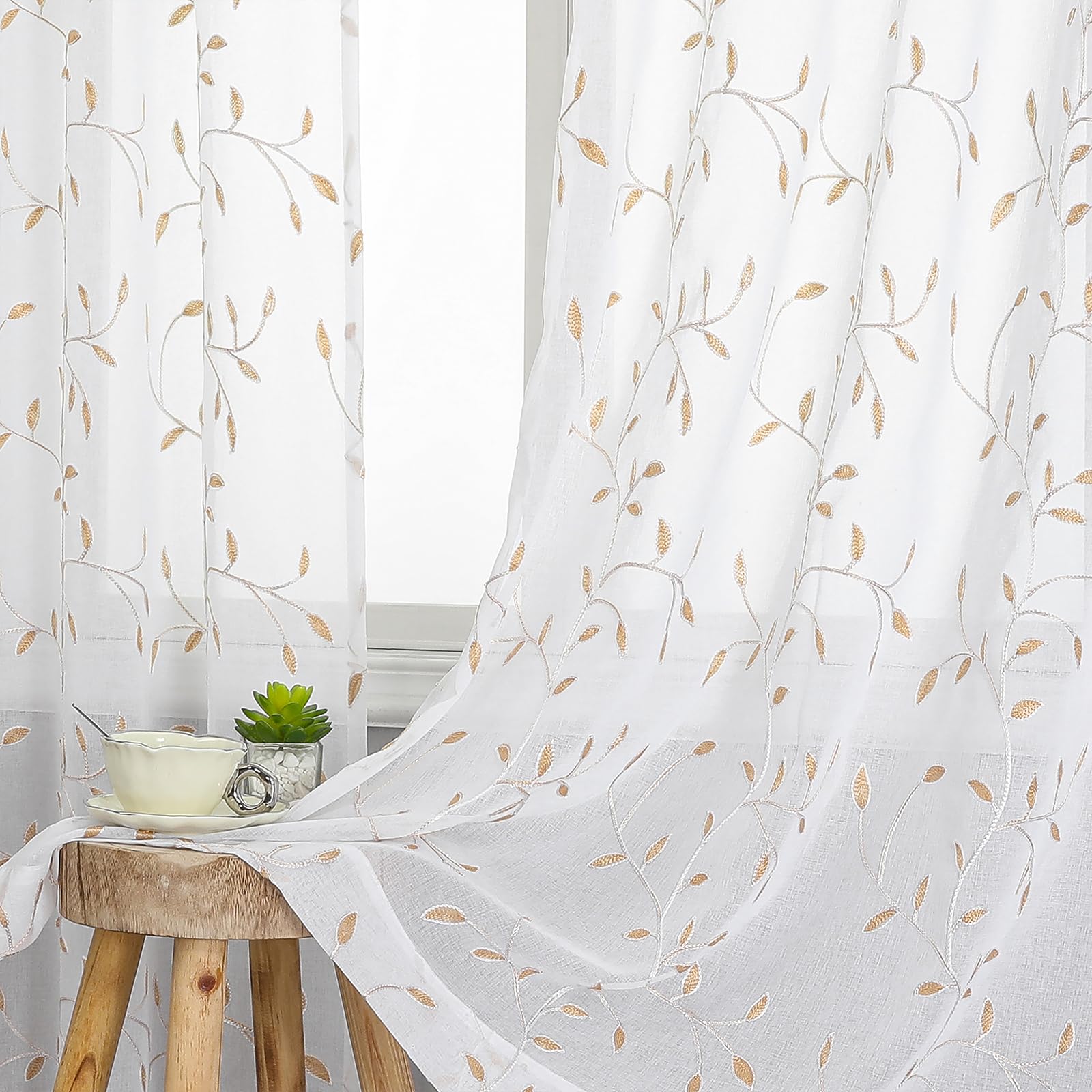 VISIONTEX 2 Panels Sheer Curtains 84 Inches Long, Cream Beige Floral Leaf Embroidered Semi Sheer Voile Curtains, Rod Pocket Light Filtering Window Drapes for Bedroom Living Room 54W x 84L