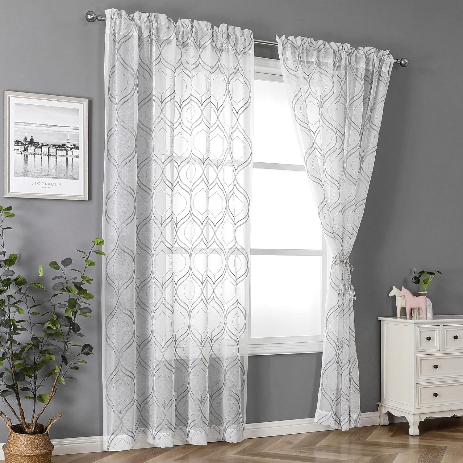 VISIONTEX White Sheer Curtains 84 Inches Long 2 Panels, Light Filtering Grey Moroccan Trellis Embroidered Semi Sheer Voile Drapes, Rod Pocket Textured Window Curtain for Bedroom Living Room 54W x 84L