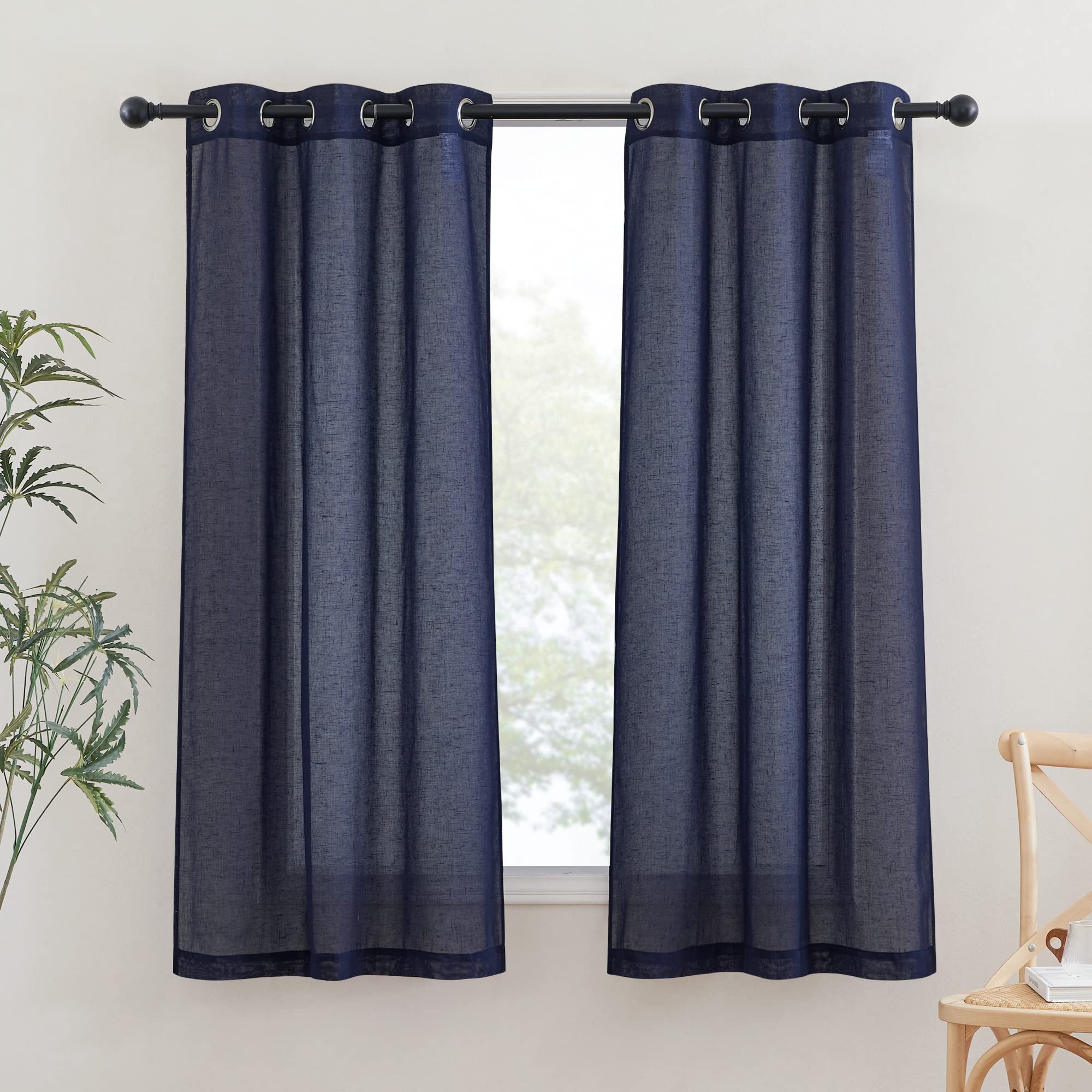 NICETOWN Linen Textured Semi Sheer Curtains 84 inches Length, Eyelet Top Bedroom Window Privacy Translucent Light Filtering Flax Sheer Drapes for Guest Room, 52 inches Wide, 2 Panels, Sea Mist