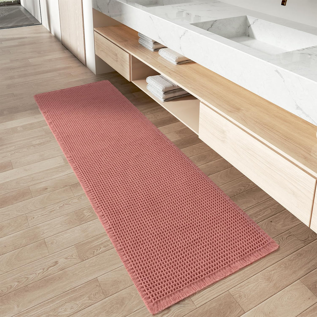 AMOAMI Upgraded Waffle Bath Mat, Super Absorbent Non Slip Bath Mats for Bathroom Floor, Machine Washable Bathroom Rugs with Tassels, Rubber Backed Bathroom Mats, Ultra Soft, 17" x 24", Brown