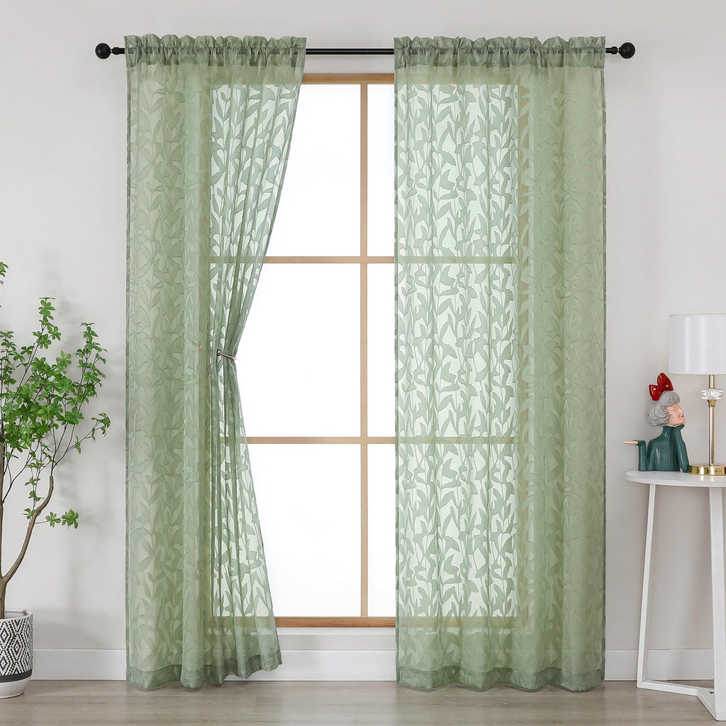 Gwine Sage Green Curtains 84 Inches Long 2 Panels Set, Light Filtering Soft Lightweight Sheer Curtains, Leaf Clip Jacquard Textured Curtain for Bedroom Living Room, 42Wx84L Inches, 2PCS