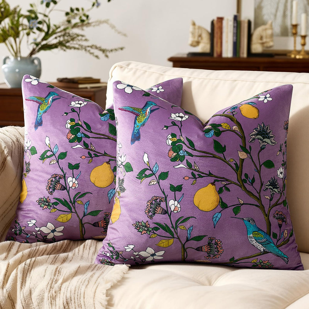 Mustard Yellow Floral Pillow Covers 18x18 Set of 2, Velvet Wild Flower Plant Throw Pillows Case, Square Farmhouse Decor Cushion Covers for Home Sofa Bed Couch