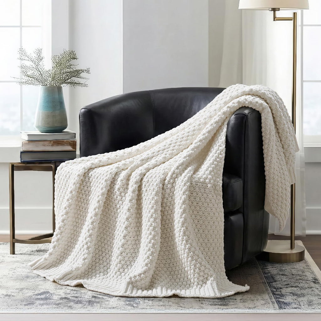 EVERGRACEHOME Chunky Chenille Knit Throw Blanket for Couch, Soft Luxurious Moss Stitch Blankets for Bed, Cozy Decorative Farmhouse Knitted Throws for Sofa, Sand Dune, 60" x 80"