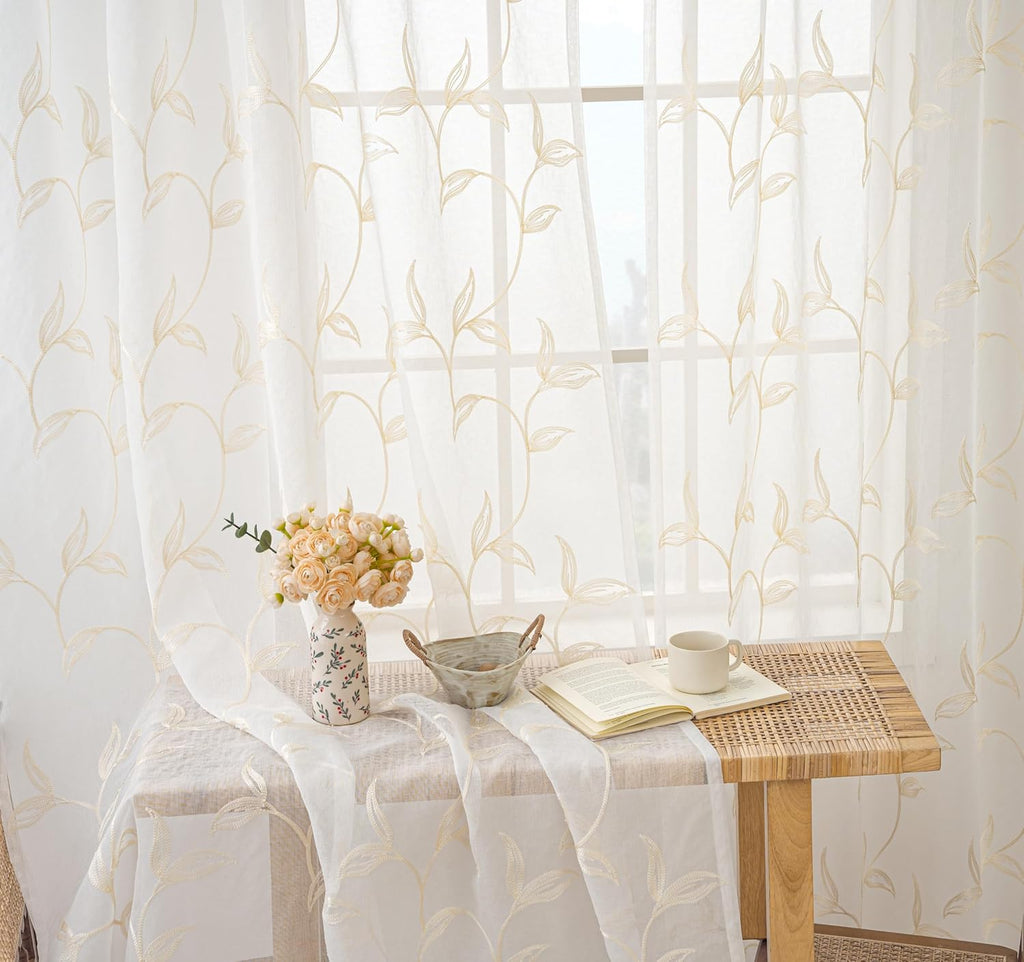 VISIONTEX 2 Panels Sheer Curtains 84 Inches Long, Cream Beige Floral Leaf Embroidered Semi Sheer Voile Curtains, Rod Pocket Light Filtering Window Drapes for Bedroom Living Room 54W x 84L