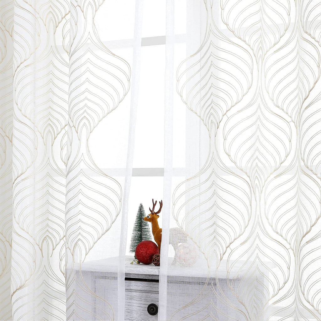 VISIONTEX White Sheer Curtains 84 Inches Long 2 Panels, Light Filtering Grey Moroccan Trellis Embroidered Semi Sheer Voile Drapes, Rod Pocket Textured Window Curtain for Bedroom Living Room 54W x 84L