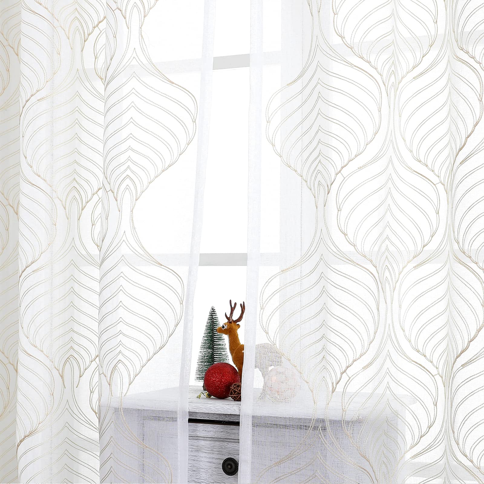 VISIONTEX White Sheer Curtains 84 Inches Long 2 Panels, Light Filtering Grey Moroccan Trellis Embroidered Semi Sheer Voile Drapes, Rod Pocket Textured Window Curtain for Bedroom Living Room 54W x 84L
