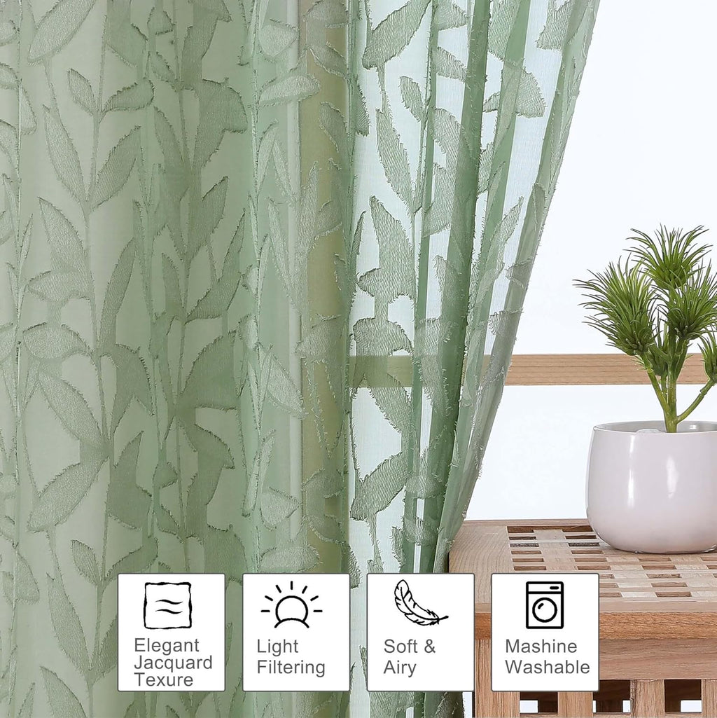 OWENIE Leyna 2 Panels Sage Green Sheer Curtains 63 Inch Length for Bedroom, Soft Lightweight Jacquard Clip Window Curtain for Living Room, Double Rod Pockets Textured Drapes, Each 40Wx63L Inches