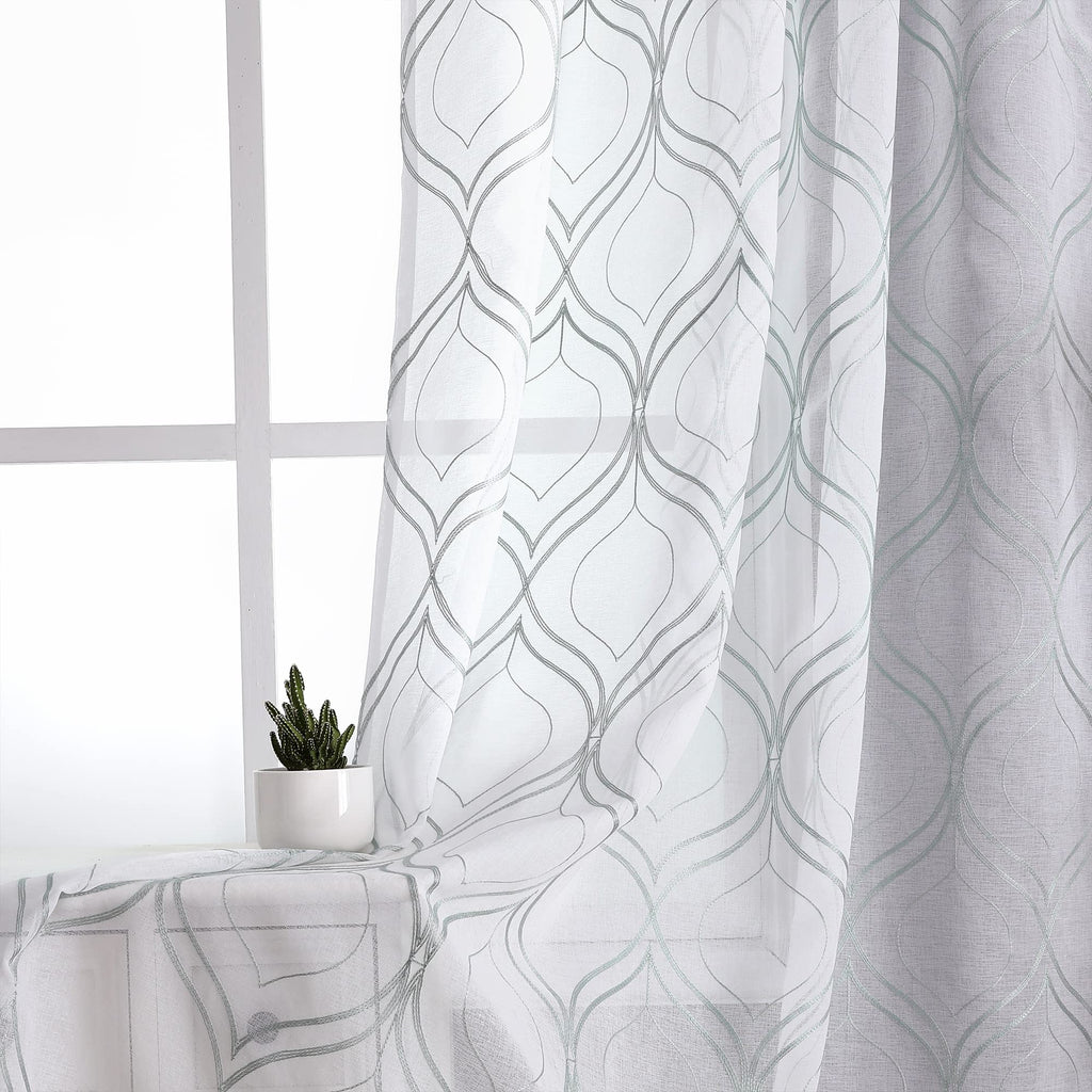 VISIONTEX White Sheer Curtains 84 Inches Long 2 Panels, Light Filtering Grey Moroccan Trellis Embroidered Semi Sheer Voile Drapes, Rod Pocket Textured Window Curtain for Bedroom Living Room 54W x 84L