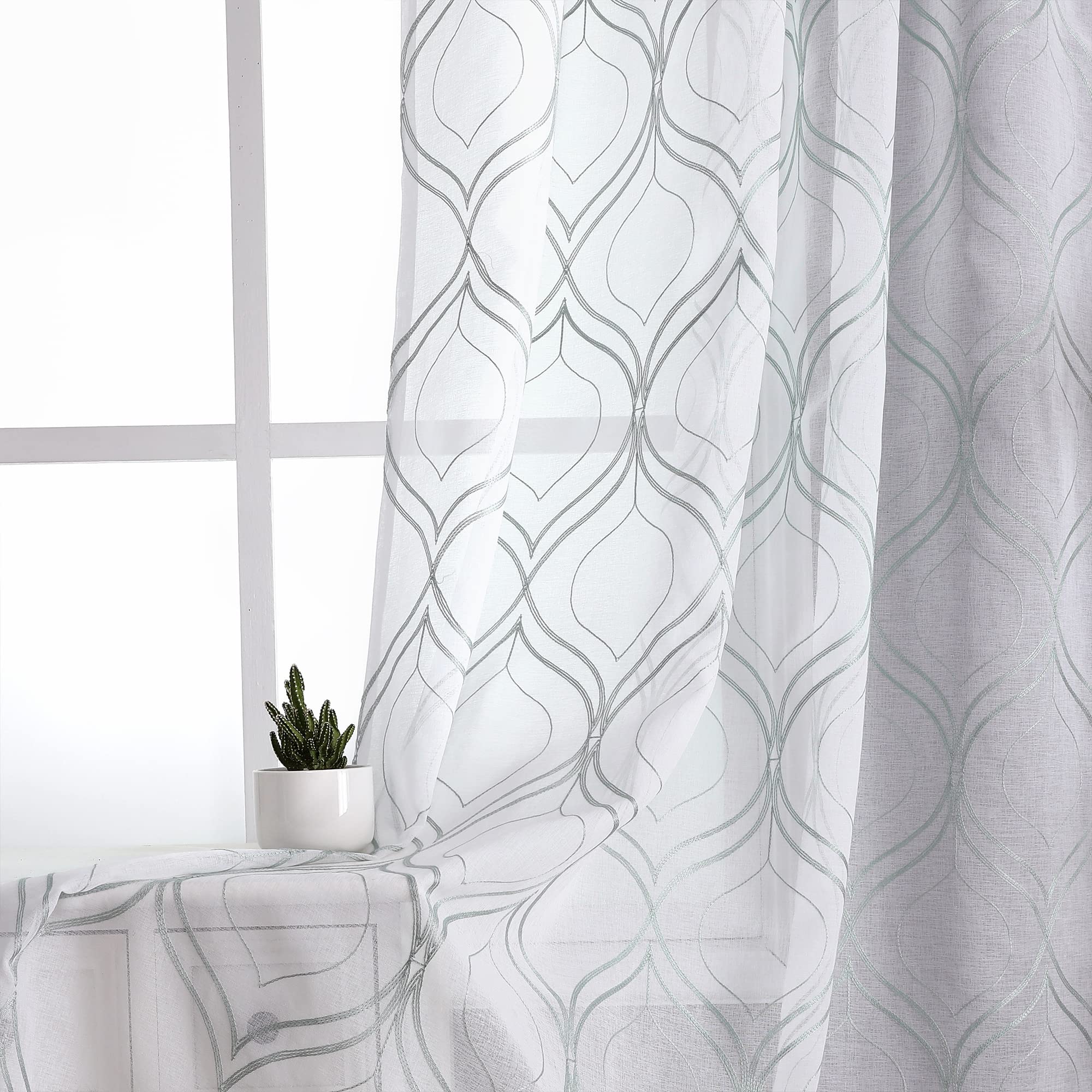 VISIONTEX White Sheer Curtains 84 Inches Long 2 Panels, Light Filtering Grey Moroccan Trellis Embroidered Semi Sheer Voile Drapes, Rod Pocket Textured Window Curtain for Bedroom Living Room 54W x 84L