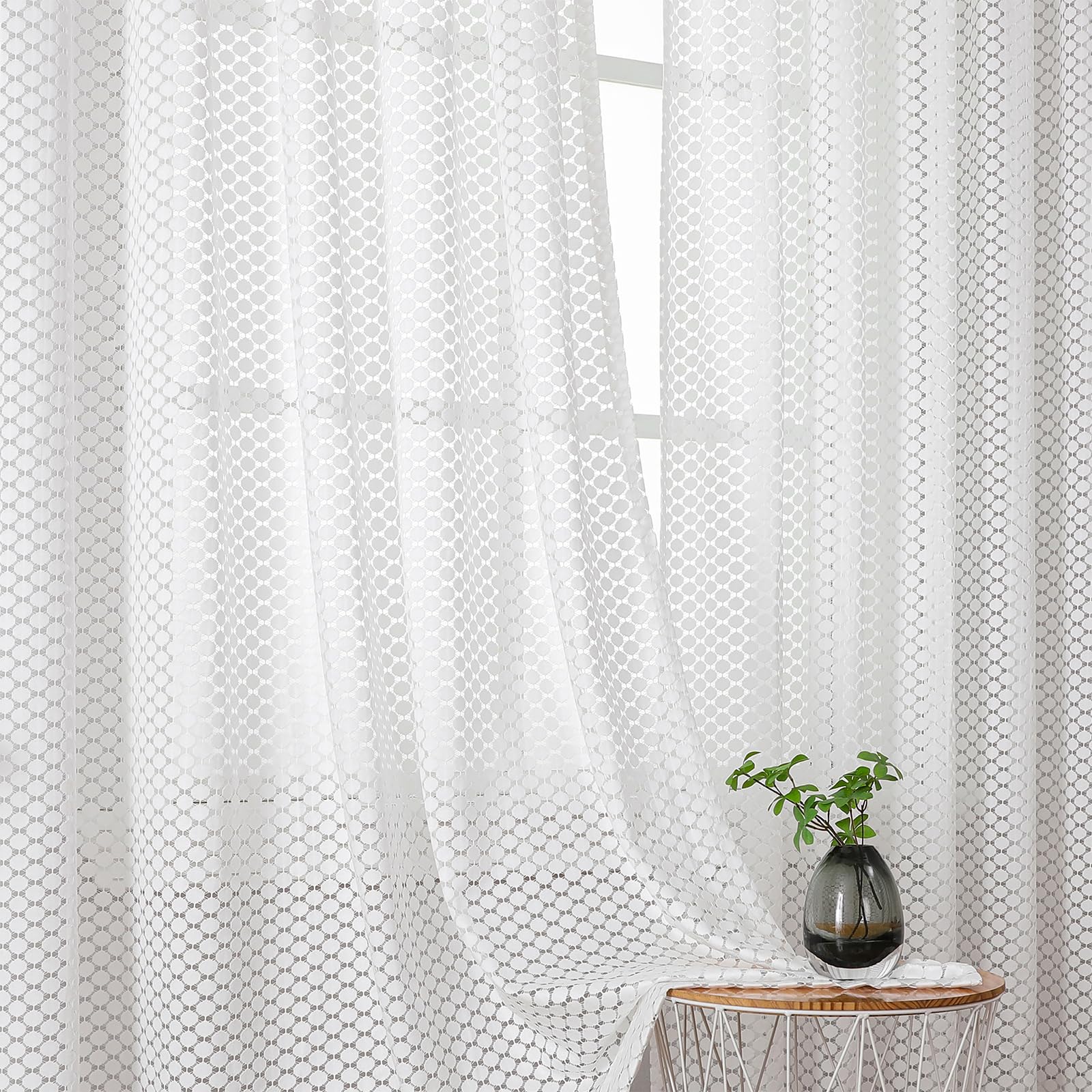 VISIONTEX White Sheer Curtains 84 Inches Long 2 Panels, Light Filtering Grey Moroccan Trellis Embroidered Semi Sheer Voile Drapes, Rod Pocket Textured Window Curtain for Bedroom Living Room 54W x 84L