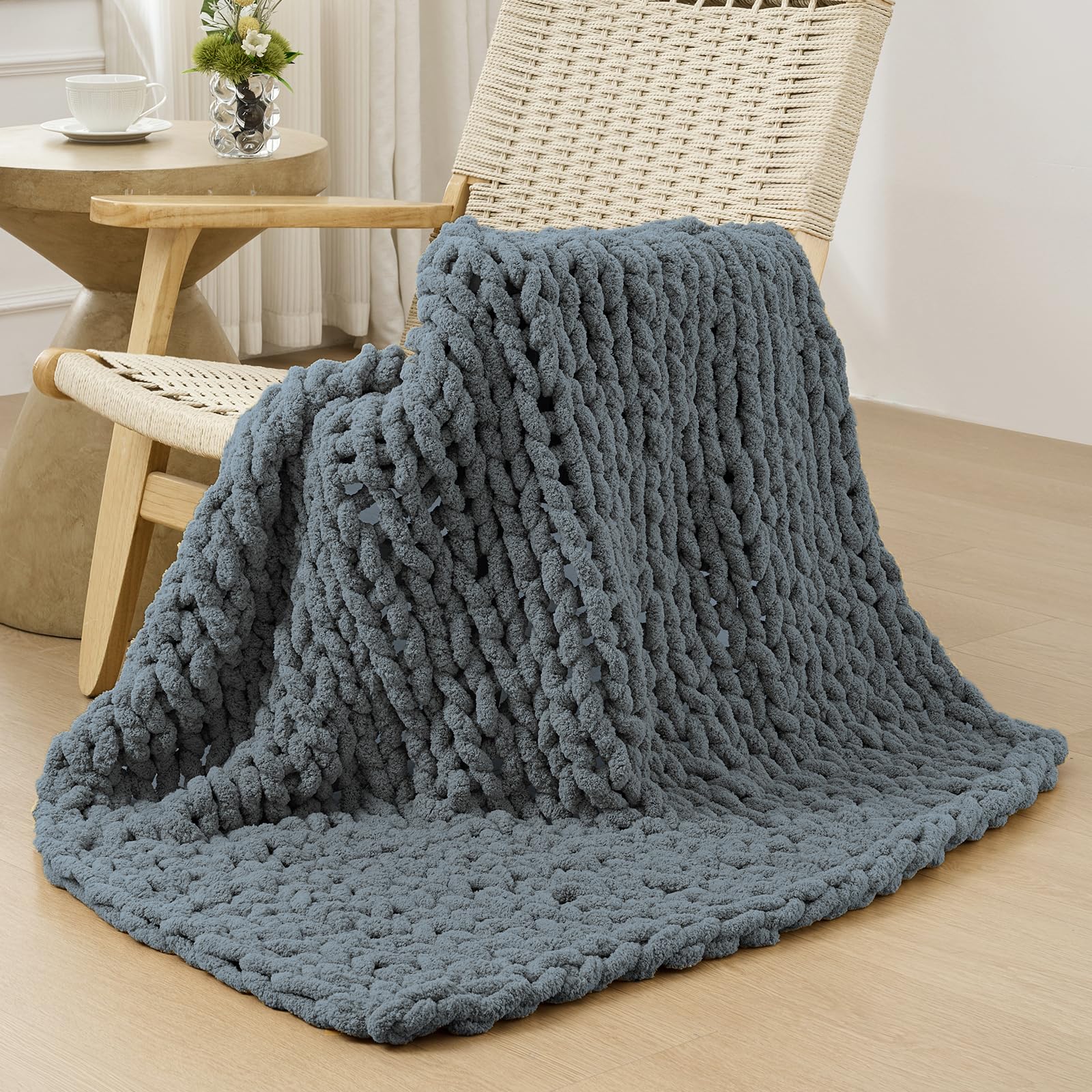 Bigacogo Chunky Knit Throw Blanket for Couch, 40x40 inches, 100% Hand Knitted with Thick Jumbo Chenille Yarn, Cozy Soft Large Rope Knot Cable Crochet Blankets for Sofa Bed Living Room, Dusty Blue