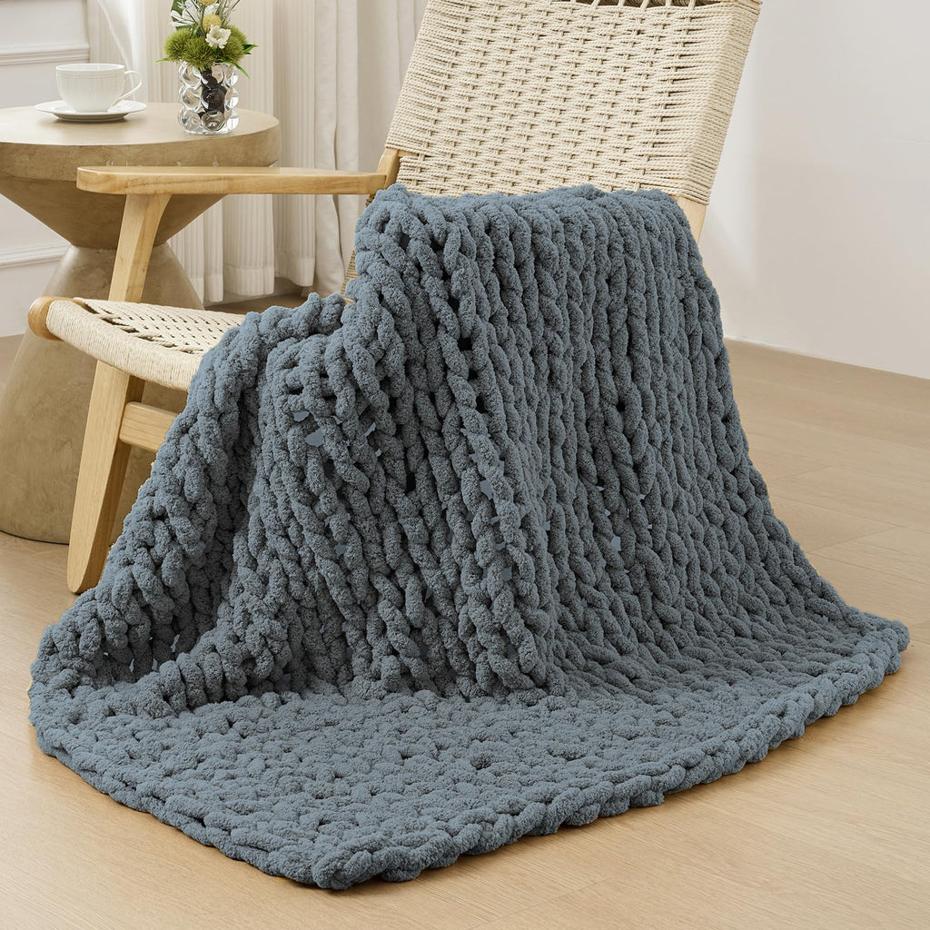 Bigacogo Chunky Knit Throw Blanket for Couch, 40x60 inches, 100% Hand Knitted with Thick Jumbo Chenille Yarn, Cozy Soft Large Rope Knot Cable Crochet Blankets for Sofa Bed Living Room, Beige