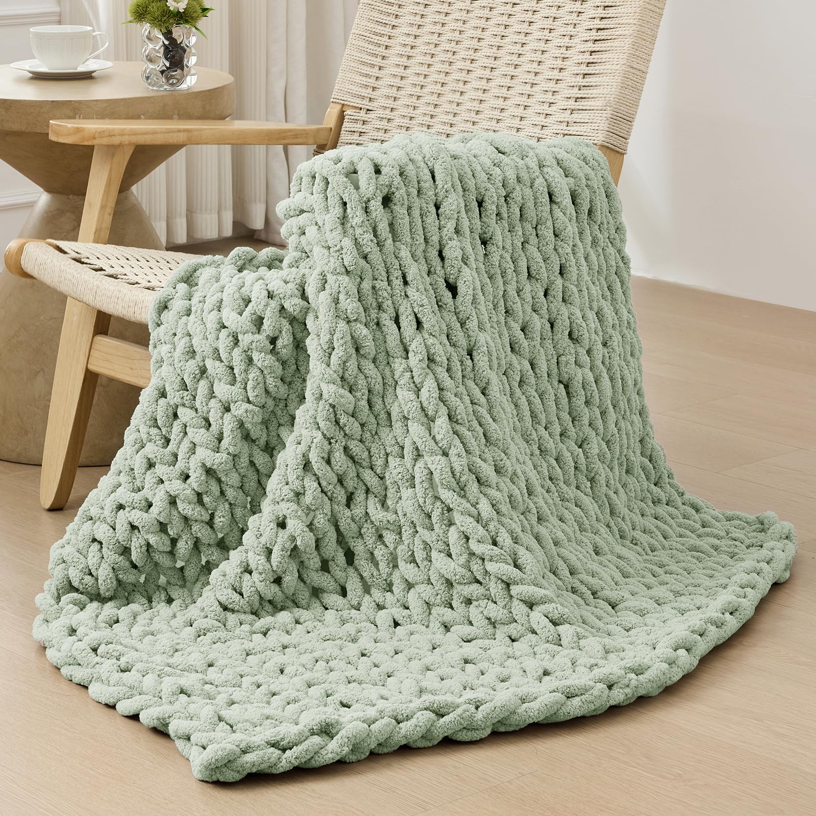 Bigacogo Chunky Knit Throw Blanket for Couch, 40x40 inches, 100% Hand Knitted with Thick Jumbo Chenille Yarn, Cozy Soft Large Rope Knot Cable Crochet Blankets for Sofa Bed Living Room, Dusty Blue