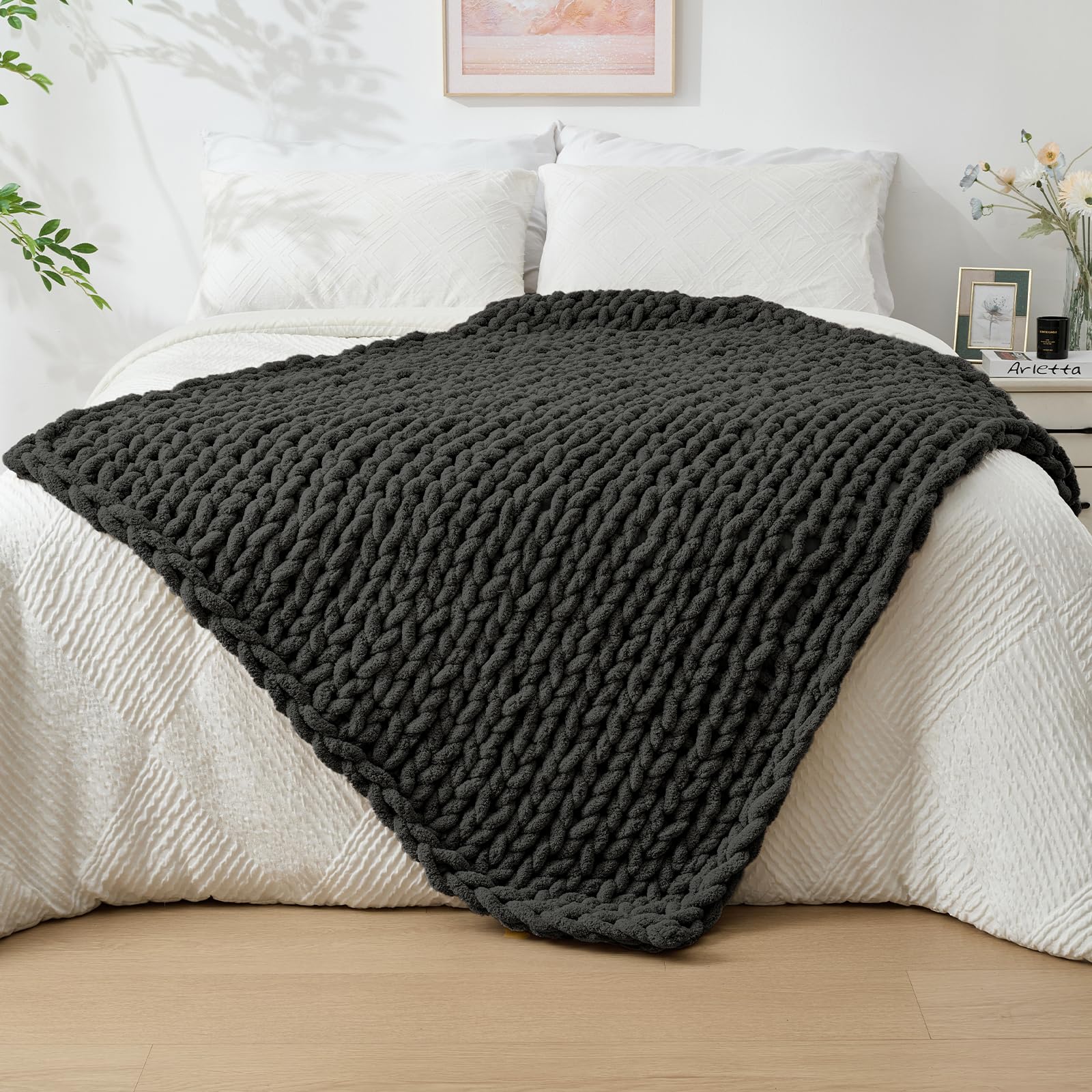 Bigacogo Chunky Knit Throw Blanket for Couch, 40x40 inches, 100% Hand Knitted with Thick Jumbo Chenille Yarn, Cozy Soft Large Rope Knot Cable Crochet Blankets for Sofa Bed Living Room, Dusty Blue