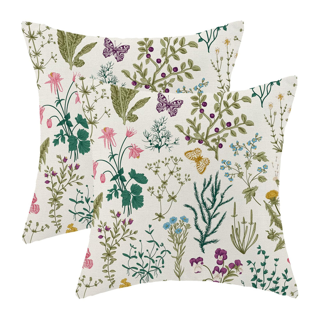 AEIOAE Spring Pillow Covers 18x18 Inch Set of 2,Sage Green Wild Flower Plant Throw Pillows Case,Seasonal Floral Outdoor Decorative Square Linen Farmhouse Decor Cushion Covers for Home Sofa Bed Couch