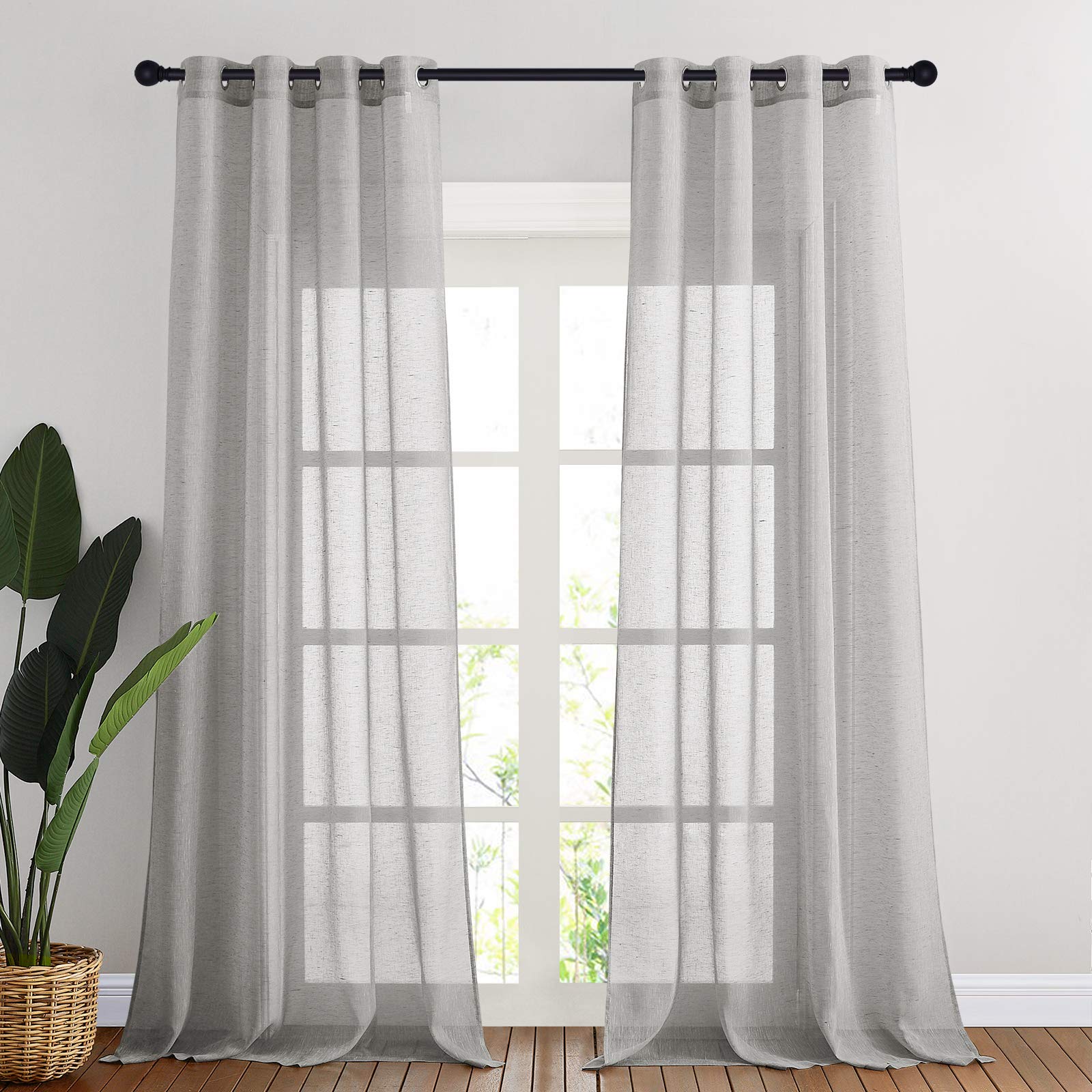 NICETOWN Linen Textured Semi Sheer Curtains 84 inches Length, Eyelet Top Bedroom Window Privacy Translucent Light Filtering Flax Sheer Drapes for Guest Room, 52 inches Wide, 2 Panels, Sea Mist