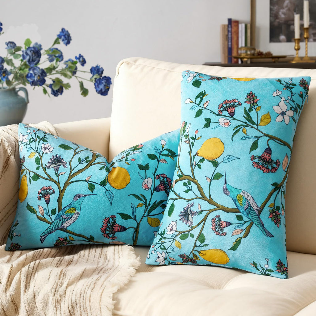 Mustard Yellow Floral Pillow Covers 18x18 Set of 2, Velvet Wild Flower Plant Throw Pillows Case, Square Farmhouse Decor Cushion Covers for Home Sofa Bed Couch