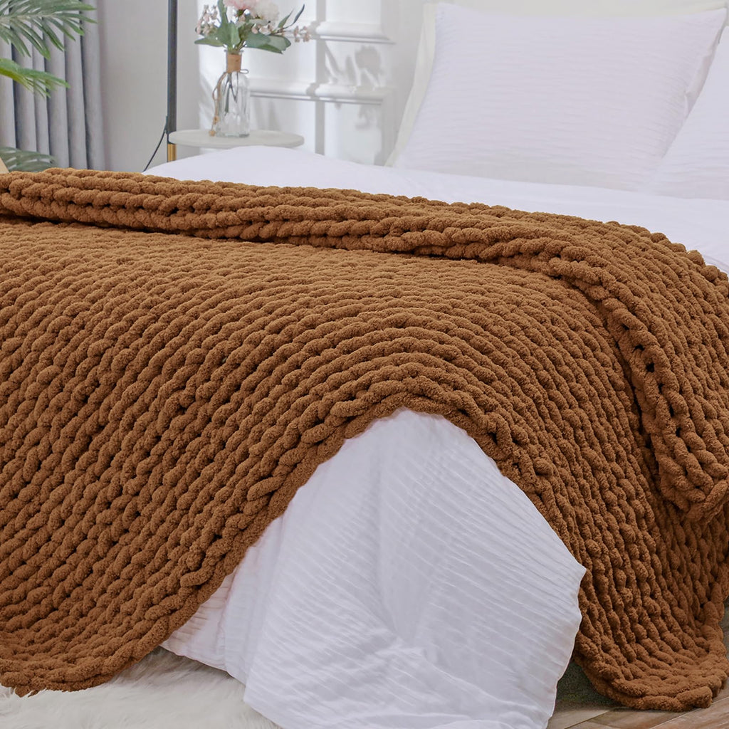Bigacogo Chunky Knit Throw Blanket for Couch, 40x40 inches, 100% Hand Knitted with Thick Jumbo Chenille Yarn, Cozy Soft Large Rope Knot Cable Crochet Blankets for Sofa Bed Living Room, Dusty Blue