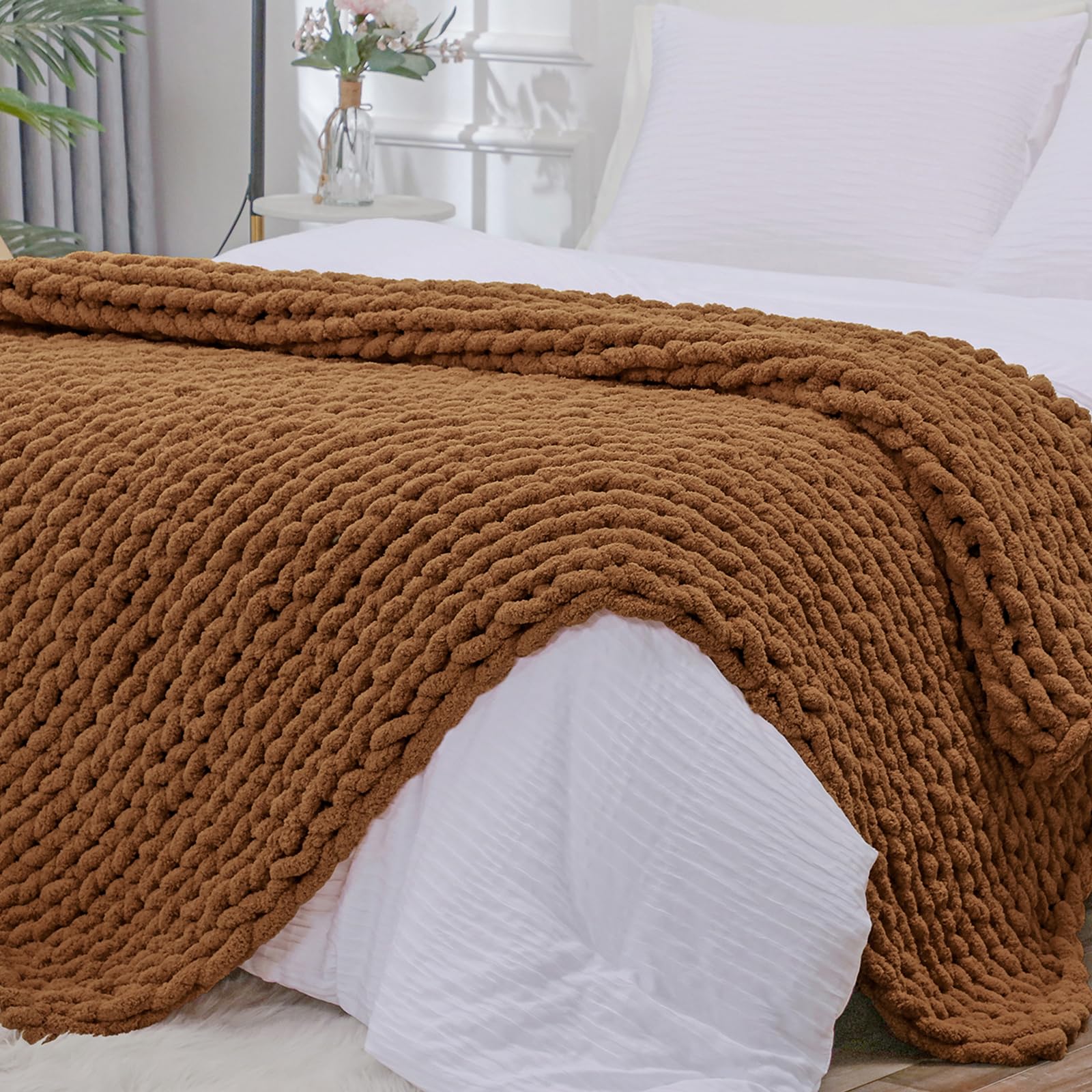 Bigacogo Chunky Knit Throw Blanket for Couch, 40x40 inches, 100% Hand Knitted with Thick Jumbo Chenille Yarn, Cozy Soft Large Rope Knot Cable Crochet Blankets for Sofa Bed Living Room, Dusty Blue