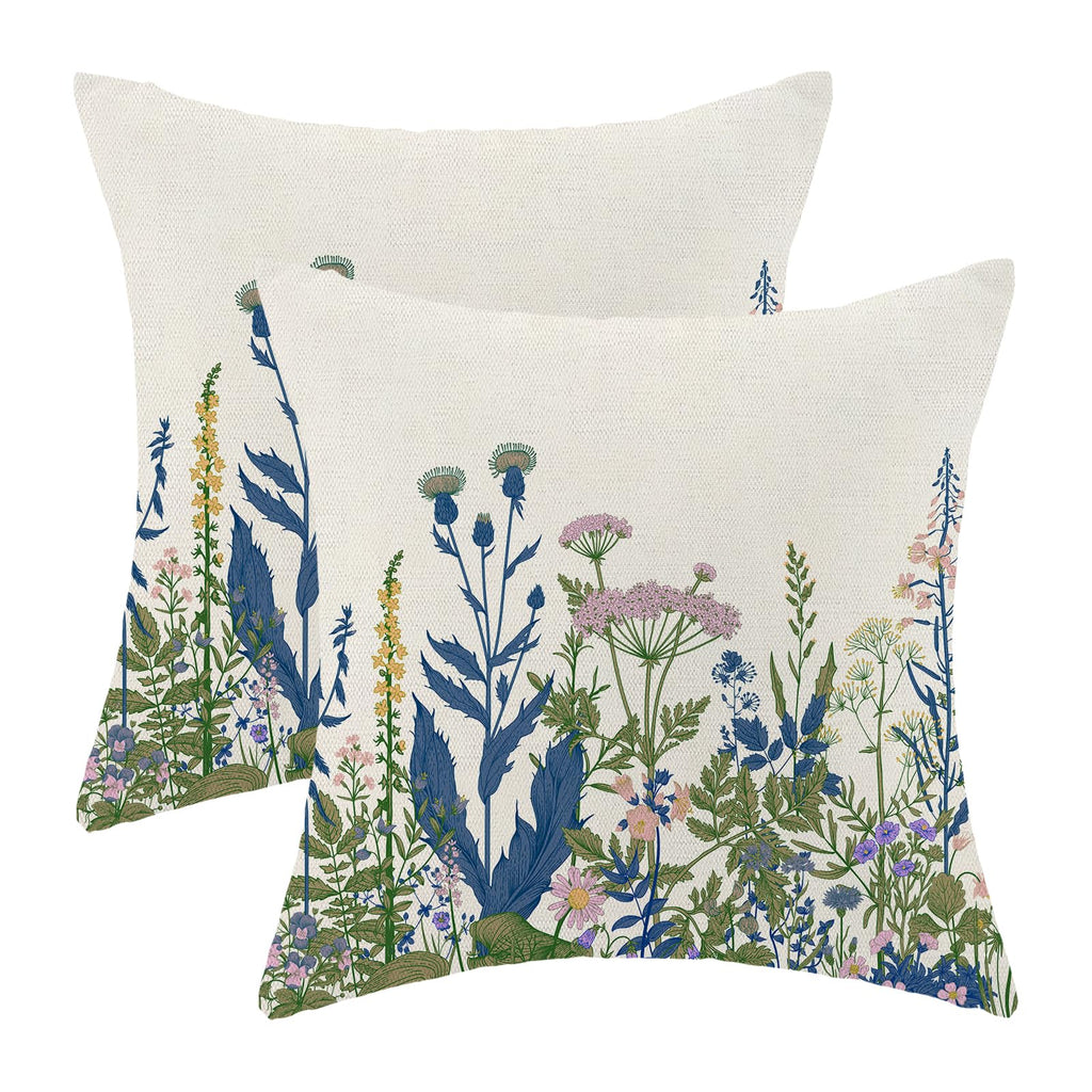 AEIOAE Spring Pillow Covers 18x18 Inch Set of 2,Sage Green Wild Flower Plant Throw Pillows Case,Seasonal Floral Outdoor Decorative Square Linen Farmhouse Decor Cushion Covers for Home Sofa Bed Couch