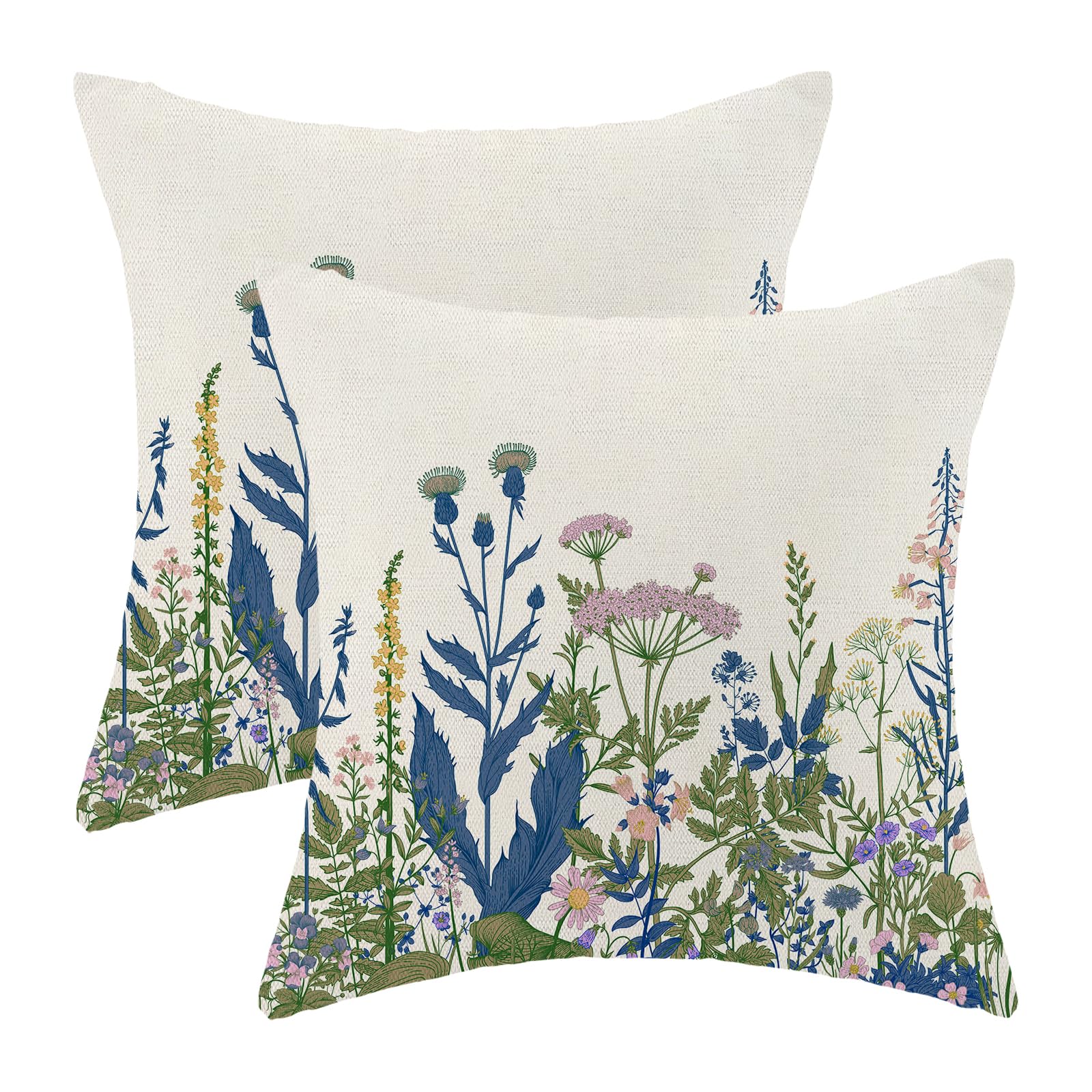 AEIOAE Spring Pillow Covers 18x18 Inch Set of 2,Sage Green Wild Flower Plant Throw Pillows Case,Seasonal Floral Outdoor Decorative Square Linen Farmhouse Decor Cushion Covers for Home Sofa Bed Couch