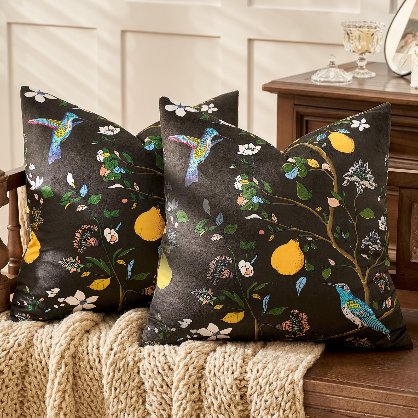 Mustard Yellow Floral Pillow Covers 18x18 Set of 2, Velvet Wild Flower Plant Throw Pillows Case, Square Farmhouse Decor Cushion Covers for Home Sofa Bed Couch