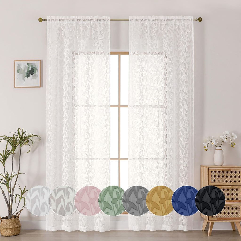 OWENIE Leyna 2 Panels Sage Green Sheer Curtains 63 Inch Length for Bedroom, Soft Lightweight Jacquard Clip Window Curtain for Living Room, Double Rod Pockets Textured Drapes, Each 40Wx63L Inches