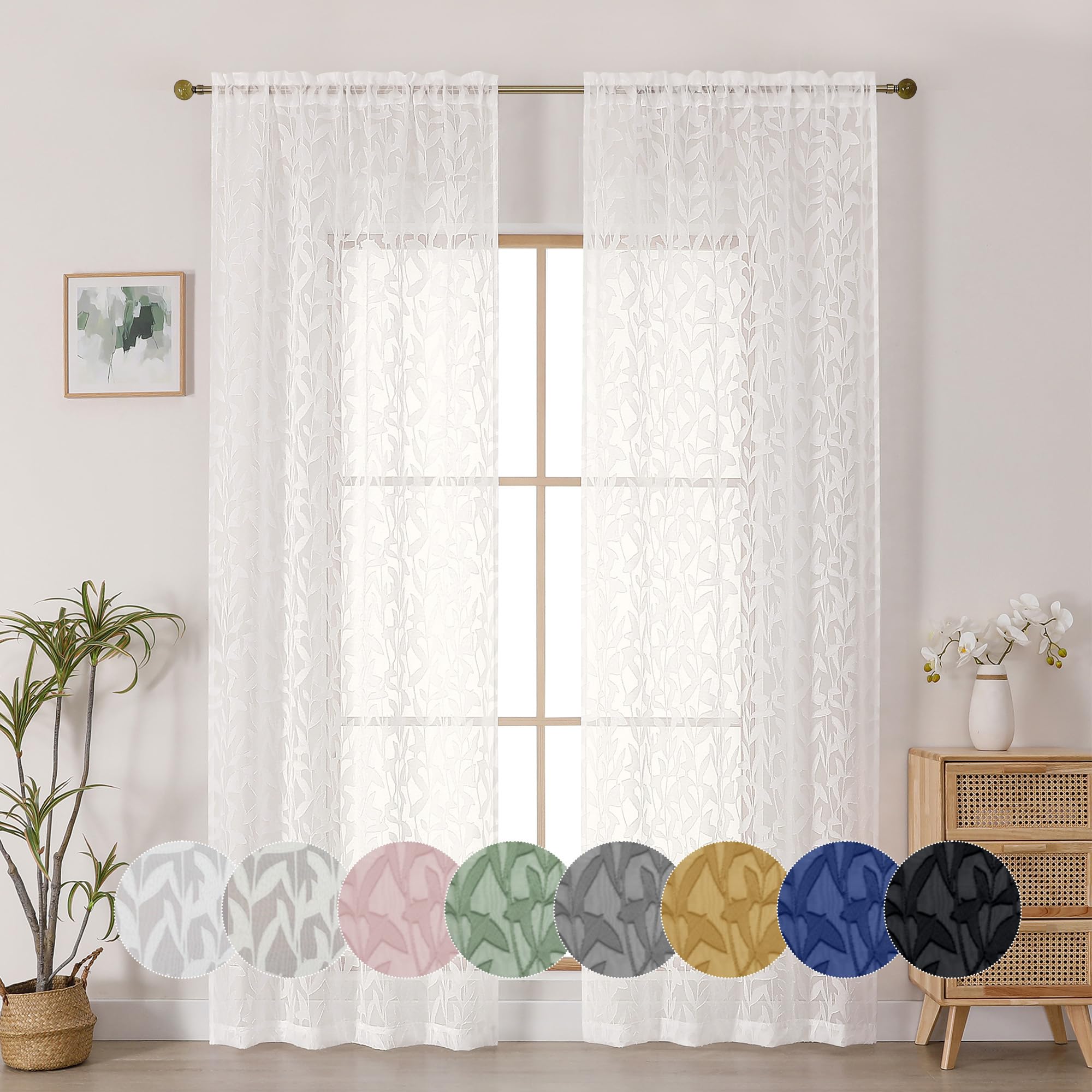 OWENIE Leyna 2 Panels Sage Green Sheer Curtains 63 Inch Length for Bedroom, Soft Lightweight Jacquard Clip Window Curtain for Living Room, Double Rod Pockets Textured Drapes, Each 40Wx63L Inches