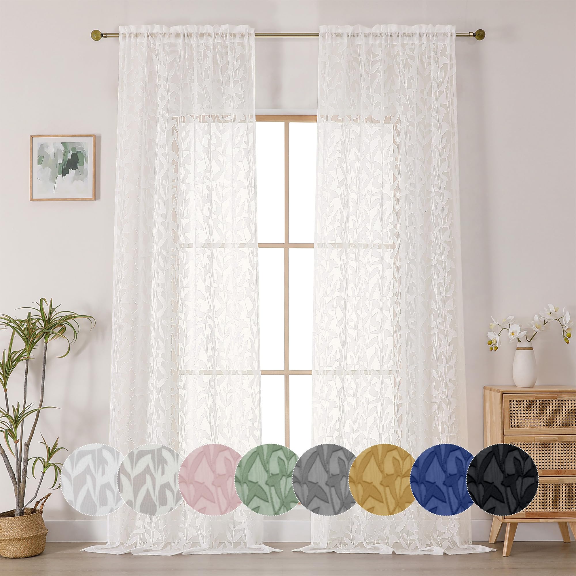 OWENIE Leyna 2 Panels Sage Green Sheer Curtains 63 Inch Length for Bedroom, Soft Lightweight Jacquard Clip Window Curtain for Living Room, Double Rod Pockets Textured Drapes, Each 40Wx63L Inches