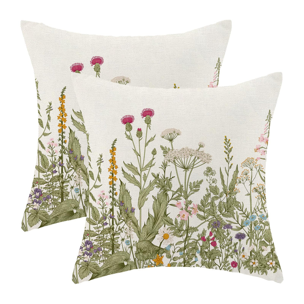 AEIOAE Spring Pillow Covers 18x18 Inch Set of 2,Sage Green Wild Flower Plant Throw Pillows Case,Seasonal Floral Outdoor Decorative Square Linen Farmhouse Decor Cushion Covers for Home Sofa Bed Couch