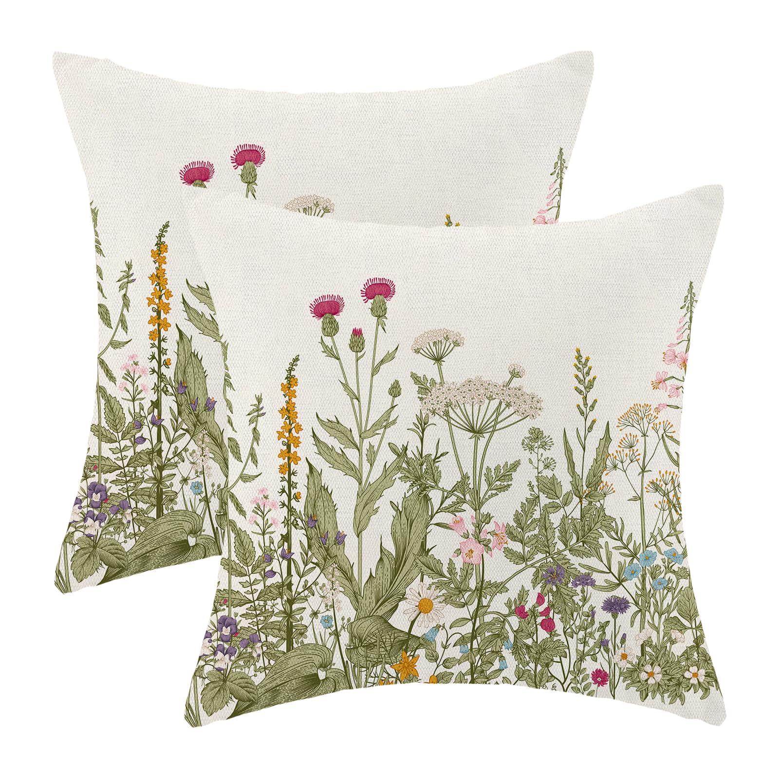 AEIOAE Spring Pillow Covers 18x18 Inch Set of 2,Sage Green Wild Flower Plant Throw Pillows Case,Seasonal Floral Outdoor Decorative Square Linen Farmhouse Decor Cushion Covers for Home Sofa Bed Couch